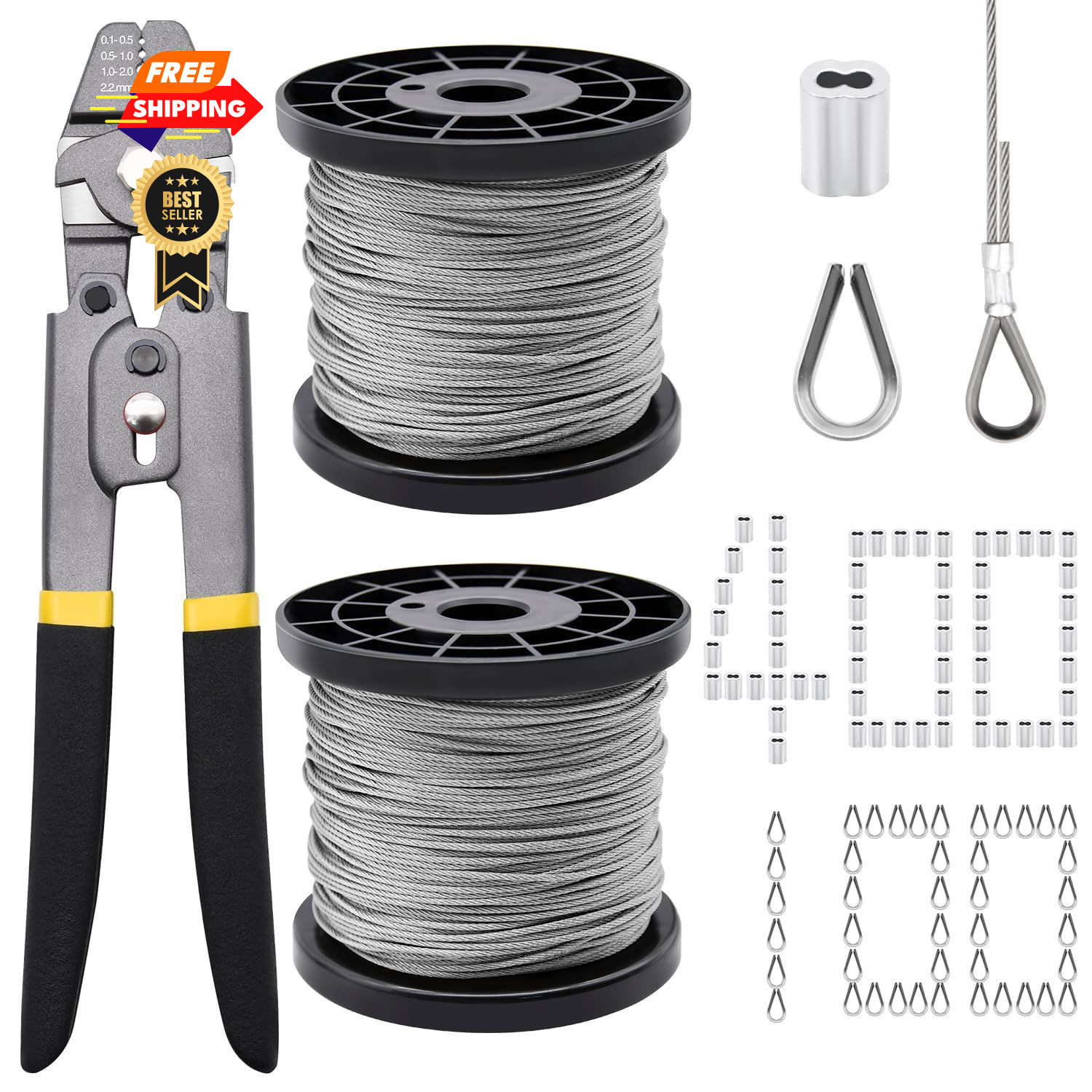 656ft 1/16" Wire Rope Crimping Set + Crimper, Stainless Steel
