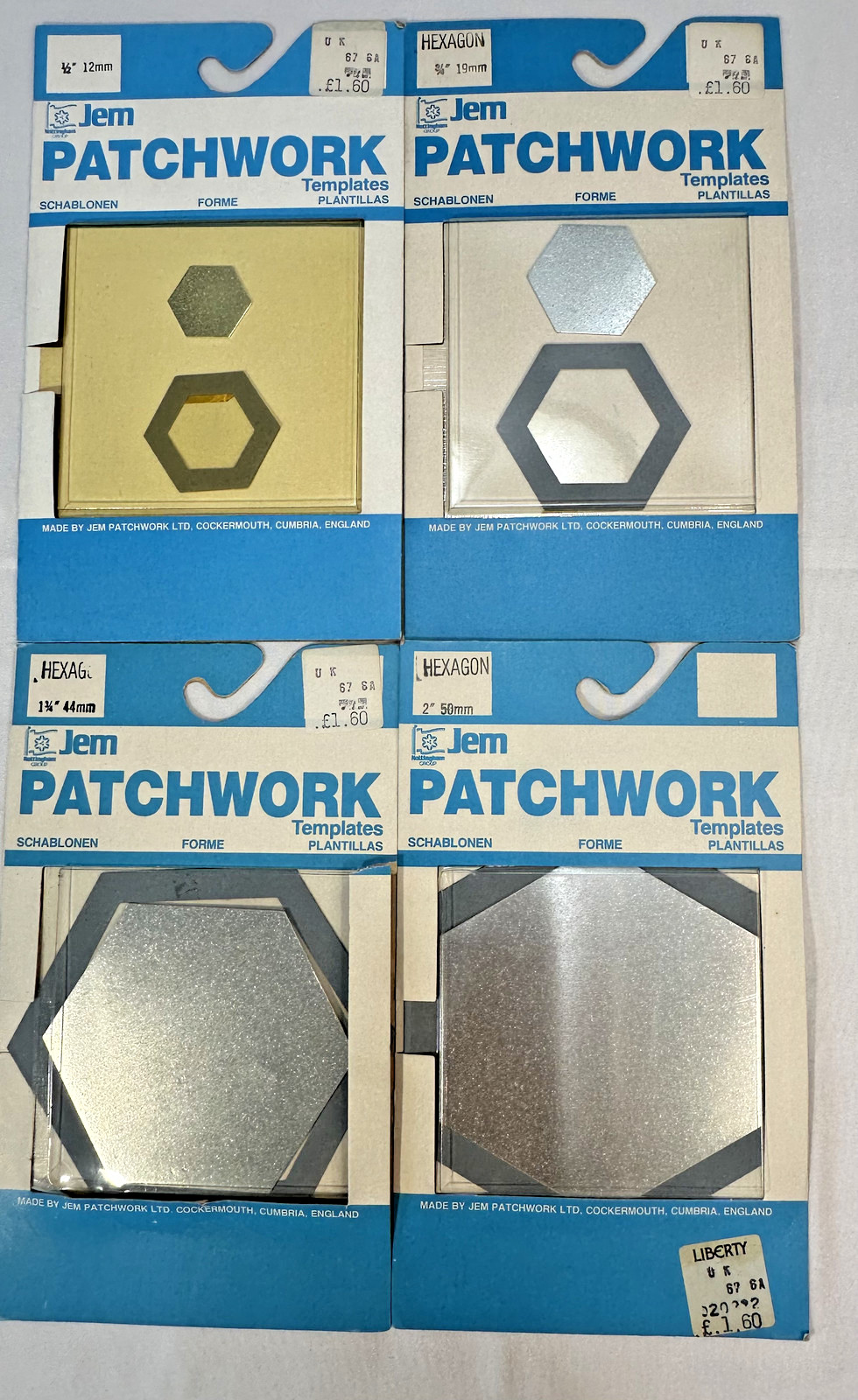 Vintage Quilter Metal Templates Hexagon Lot of 4 NEW Old Stock - JEM UK
