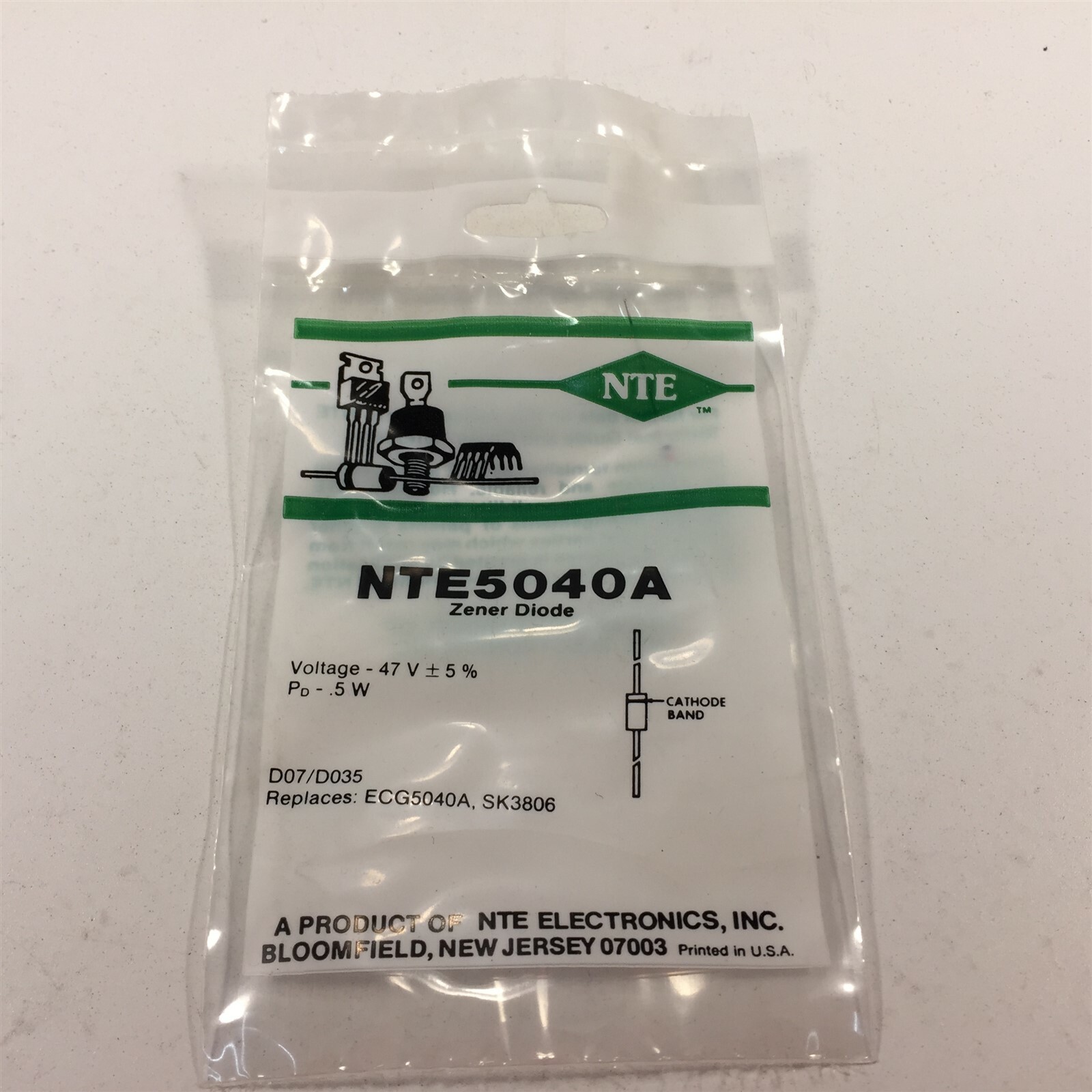 (5) NTE5040A Zener Diode, 1/2 Watt - Lot of 5