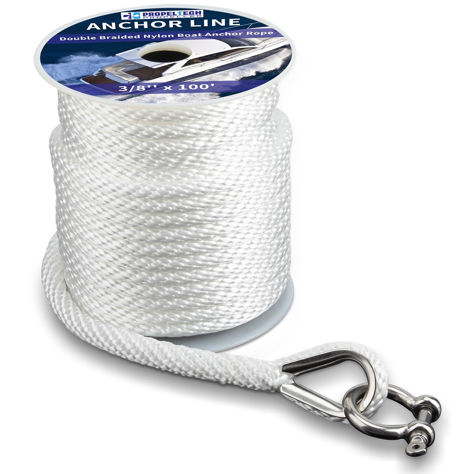 3/8" x 100' White Solid Braid MFP Boat Anchor Rope Line Thimble Shackle SS