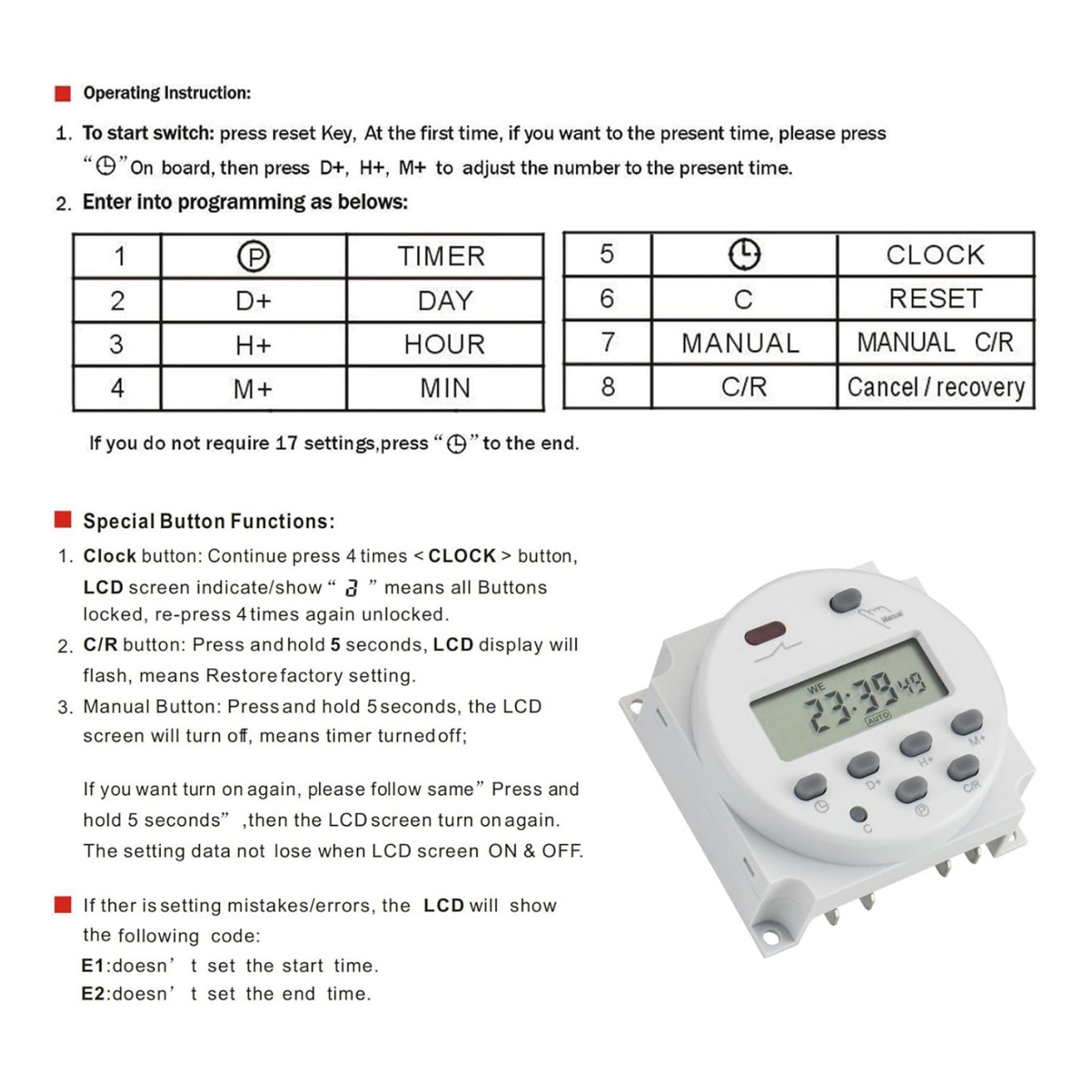 DC 12V Digital LCD Programmable Timer For Relay Switch 16A 1Min-168H Range