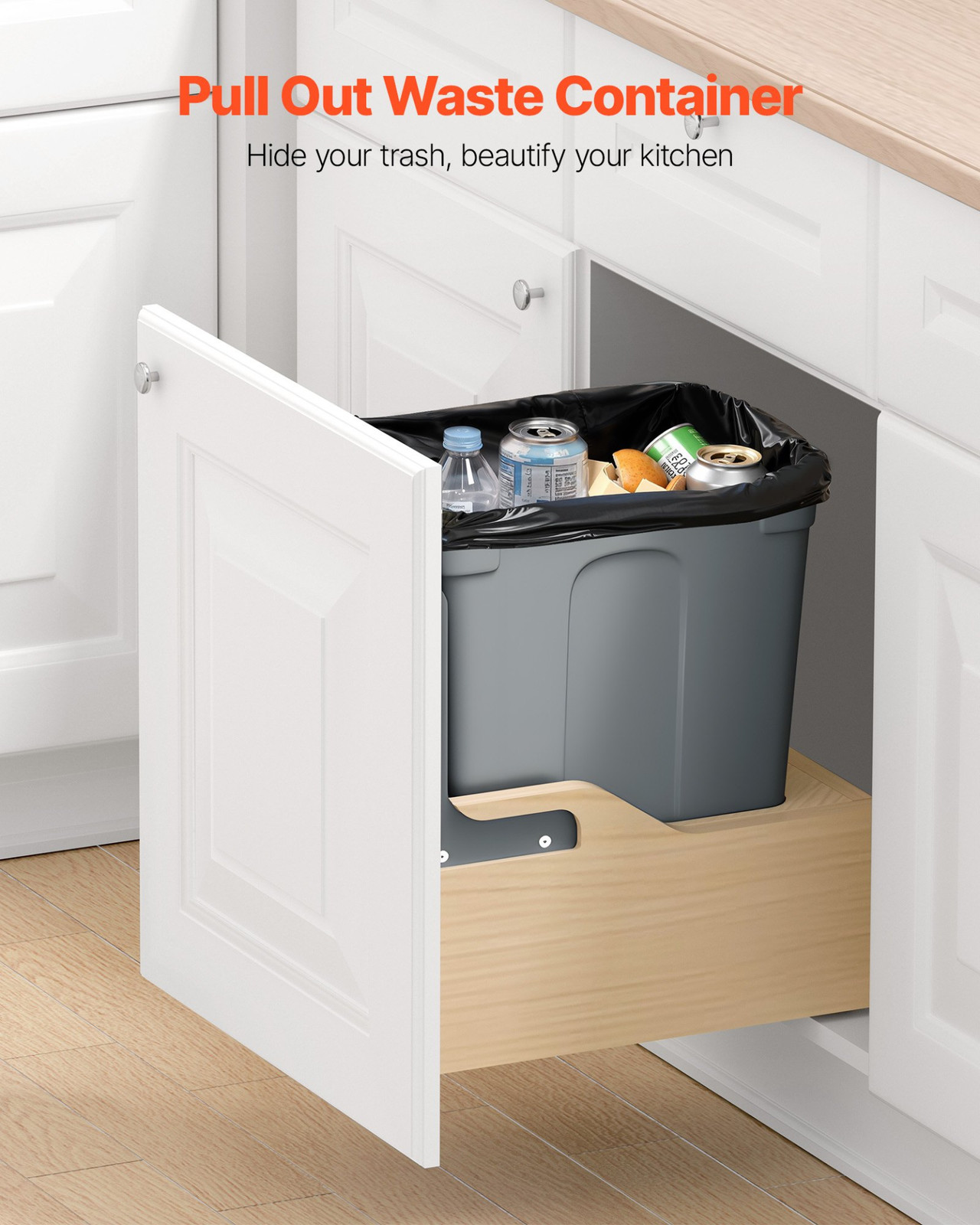 VEVOR Wood Pullout Trash Can for Kitchen Cabinets, 35 QT Garbage Waste Recycling