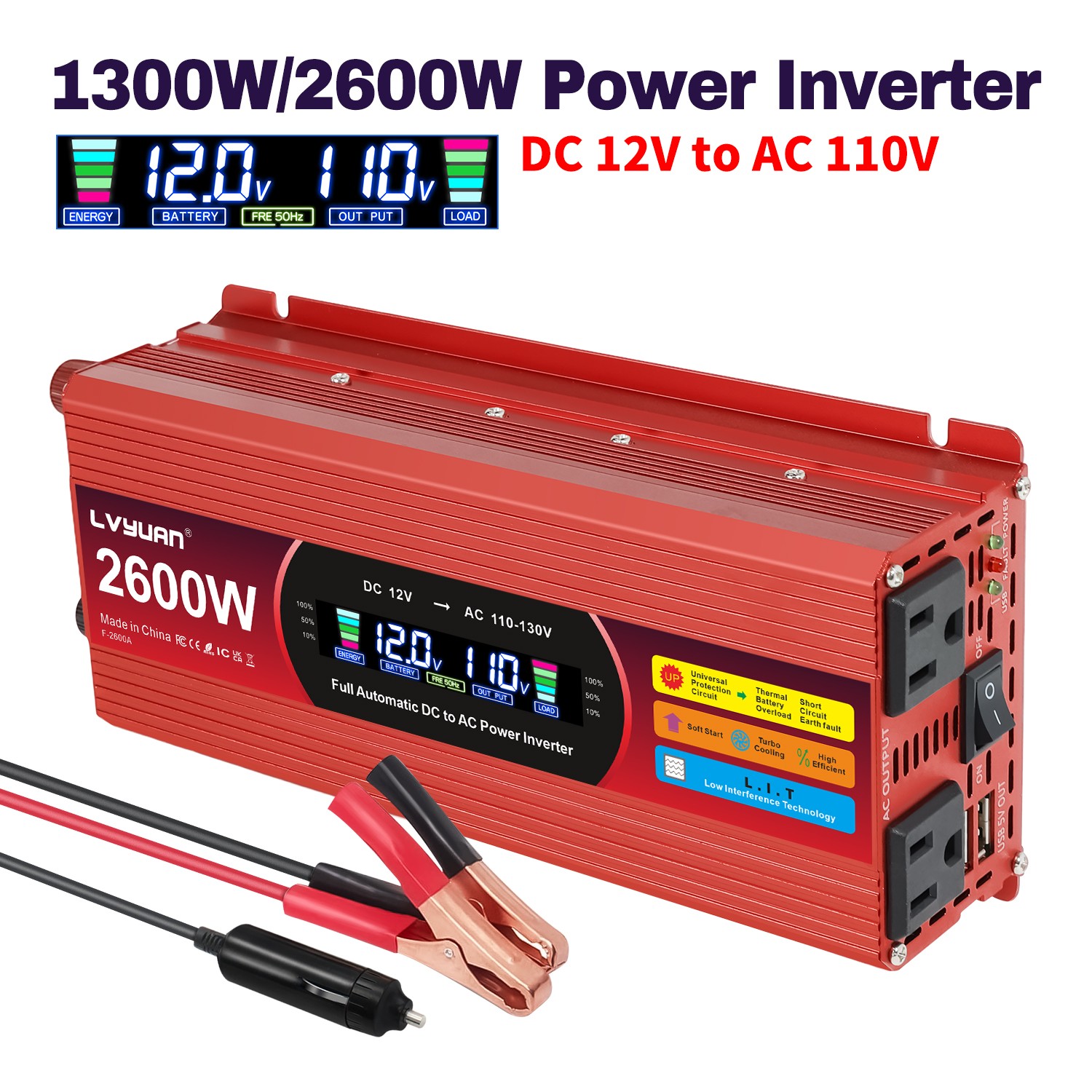 2600W Peak 1300W Power Inverter DC 12V to 110V AC Car Converter LCD 4USB 2AC RV