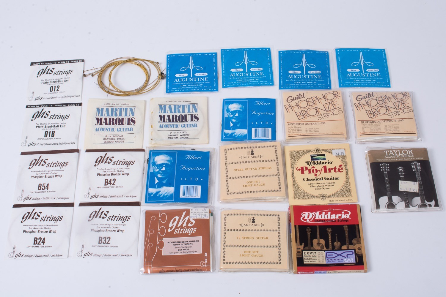 Lot of 20+ Packages of Guitar Strings GHS D'Adddario McCabe's Augustine Taylor