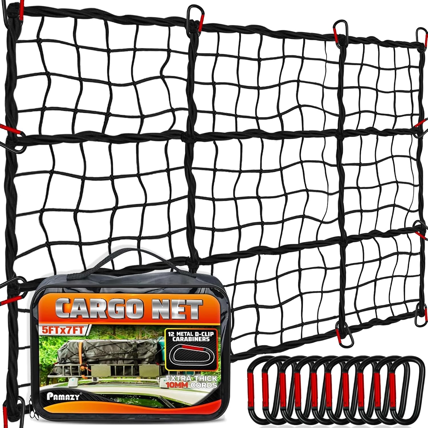 5x7 ft Elastic Cargo Net with 10mm Triple-Twist Cords, 4x4 Mesh, Steel D-Clips
