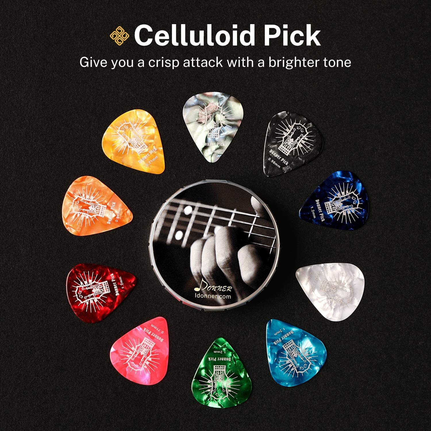 Donner Guitar Picks Celluloid 16 Pack Thin Medium Heavy Extra Heavy Picks + Case