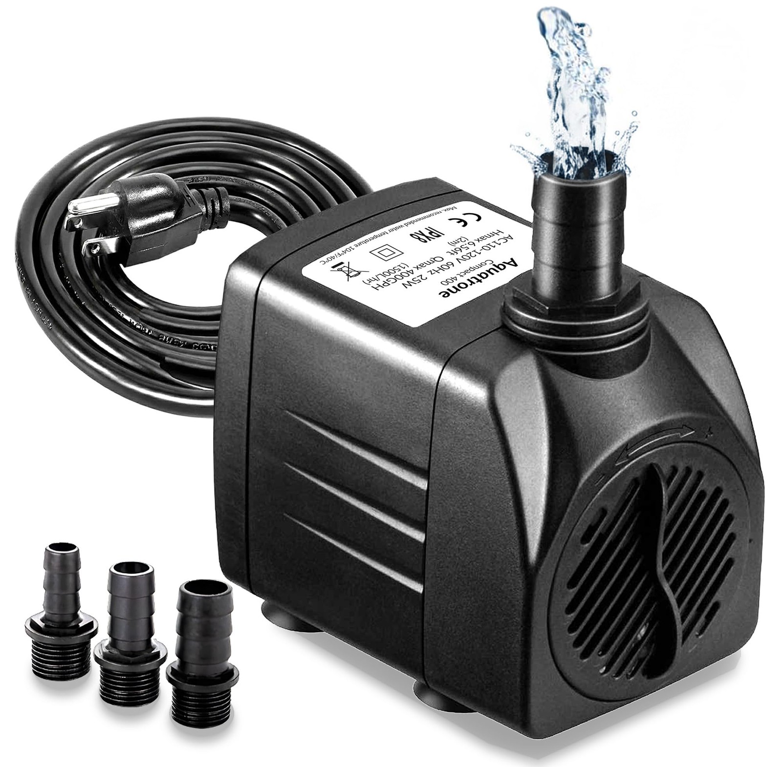 400GPH Submersible Water Pump 25W 6.5ft Lift 3 Nozzles