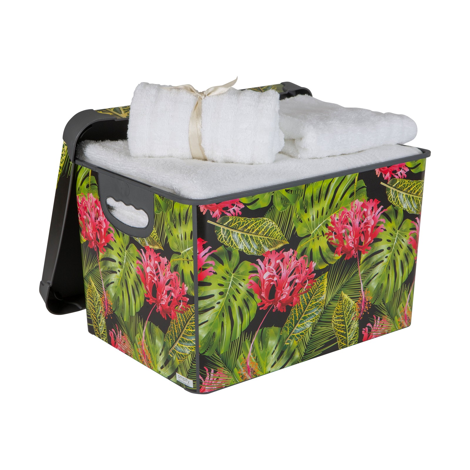 2 Pack Tropical Leaf Print Design Plastic Storage Bin, Black