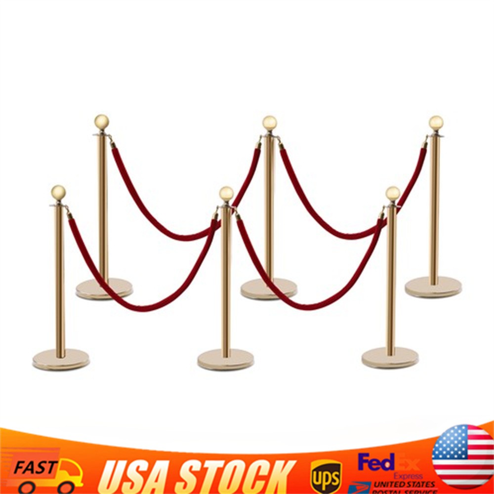 6 Pcs Red Velvet Rope +Gold Stanchion Post Set Crowd Control Queue Pole Barrier