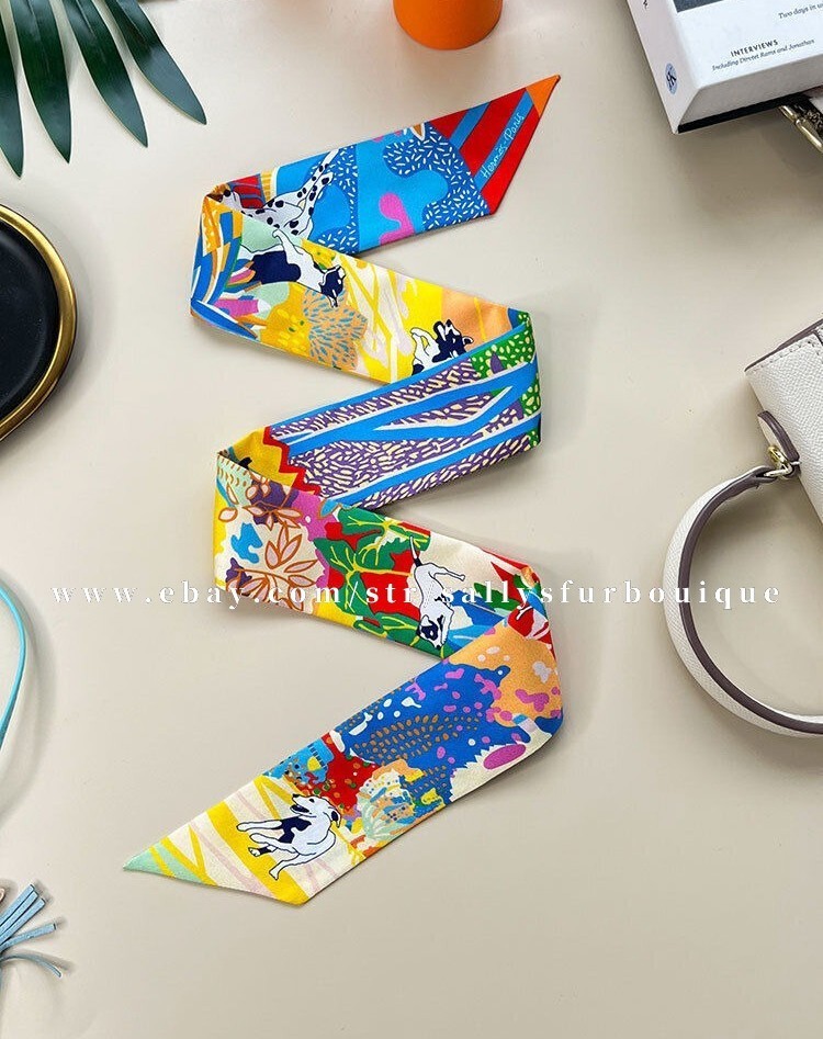 Sallys 18 Momme Twill Silk Scarf Ribbon Dogs Print Hair Bag Neck Tie 85*5cm