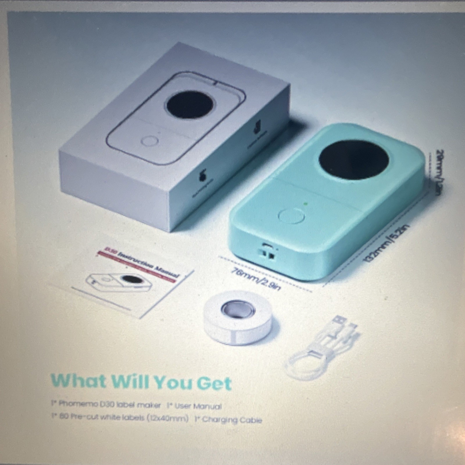 Phomemo D30 Thermal Label Maker, Pre-cut White Labels, Charging Cable, Blue