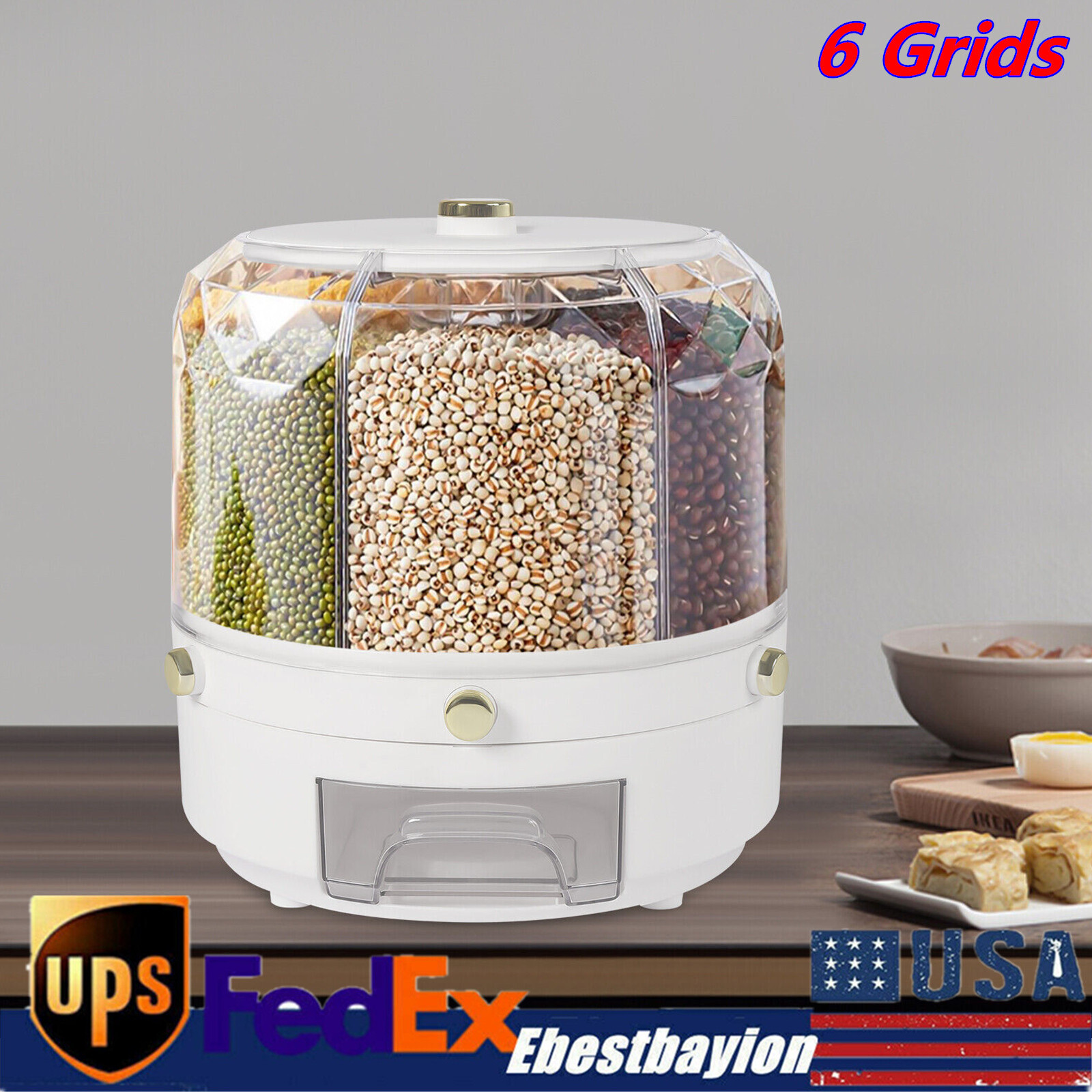 6-Grid Rotating Rice Dispenser Dry Grain Food Storage Container Tank for Kitchen