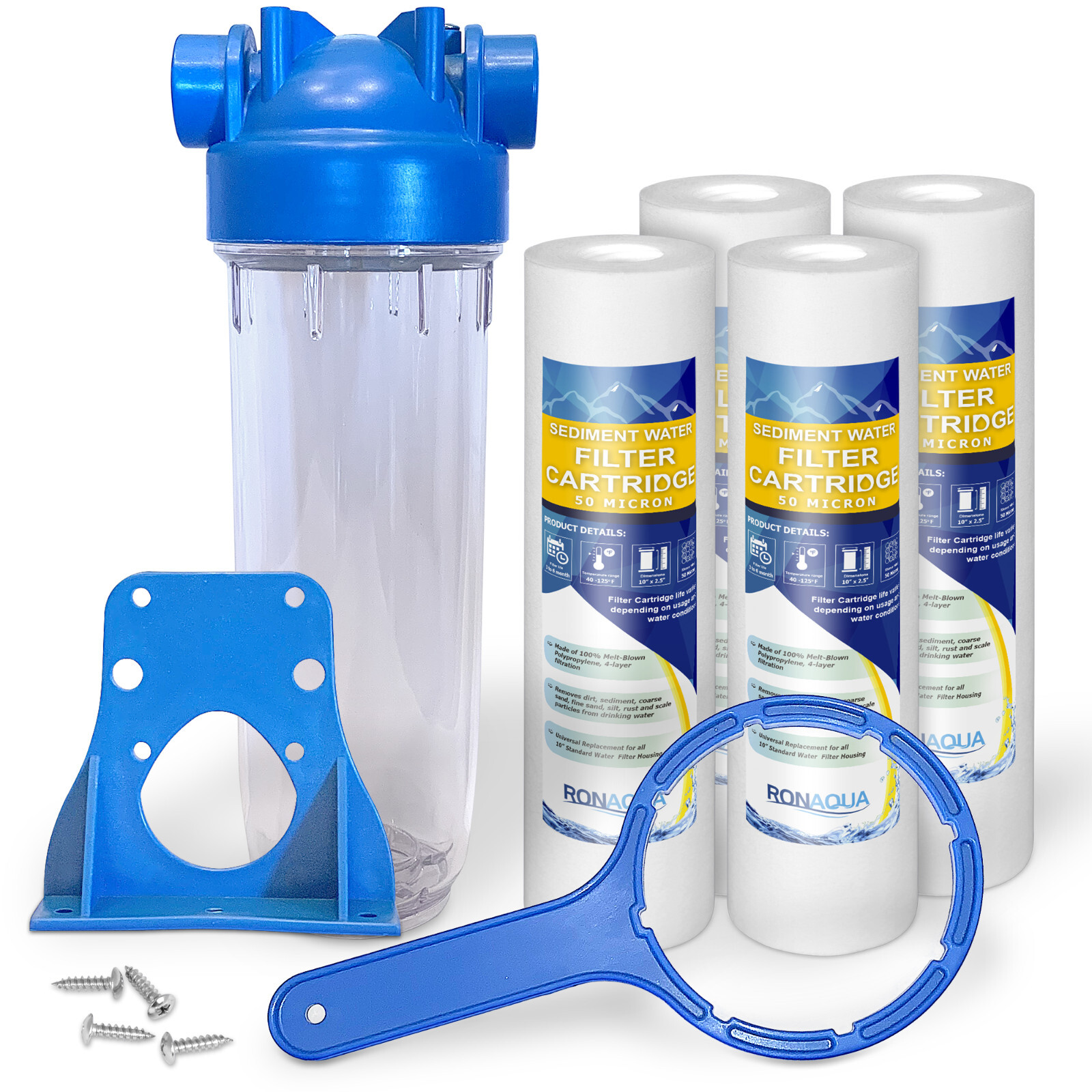 10" Clear Standard Whole House Water Filter System 4 Sediment 50 Micron Filters