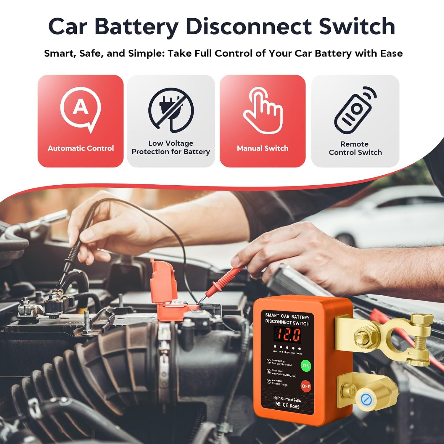 Kill Switch for Car - 12V Remote Battery Disconnect Switch Smart Voltage Car Bat