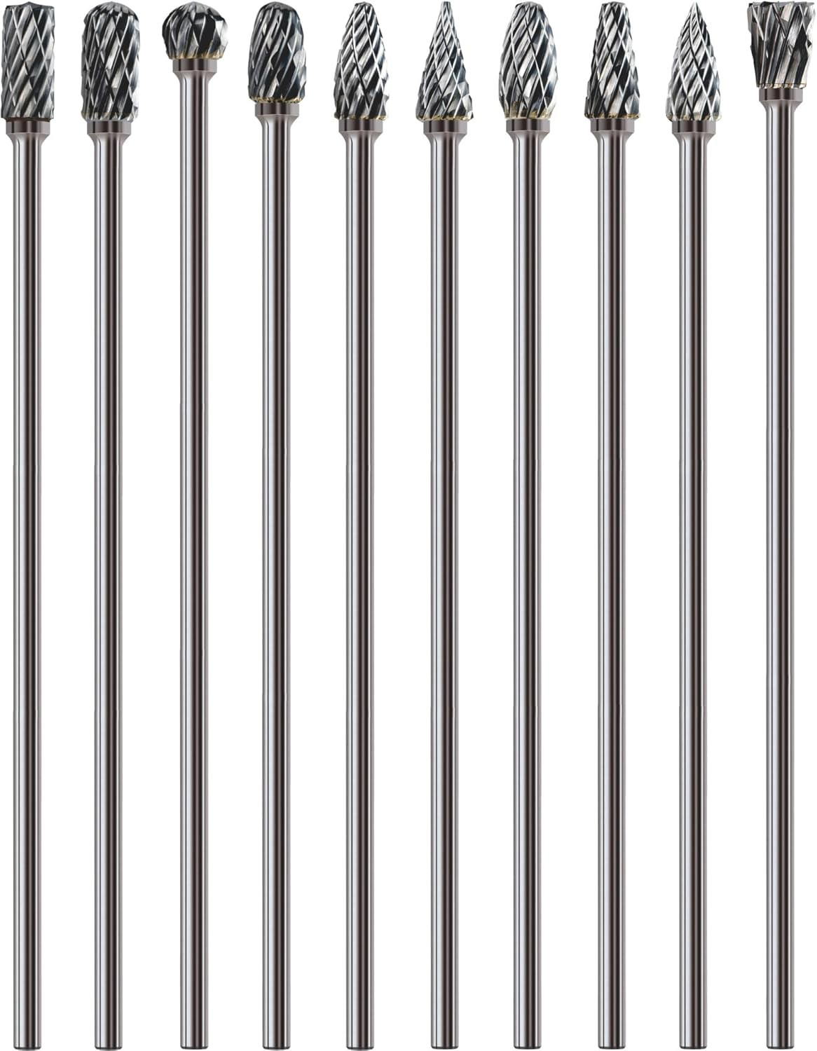10Pcs Long Carbide Burr Set 1/8" Shank Total L 4.4" Compatible with Dremel Die G