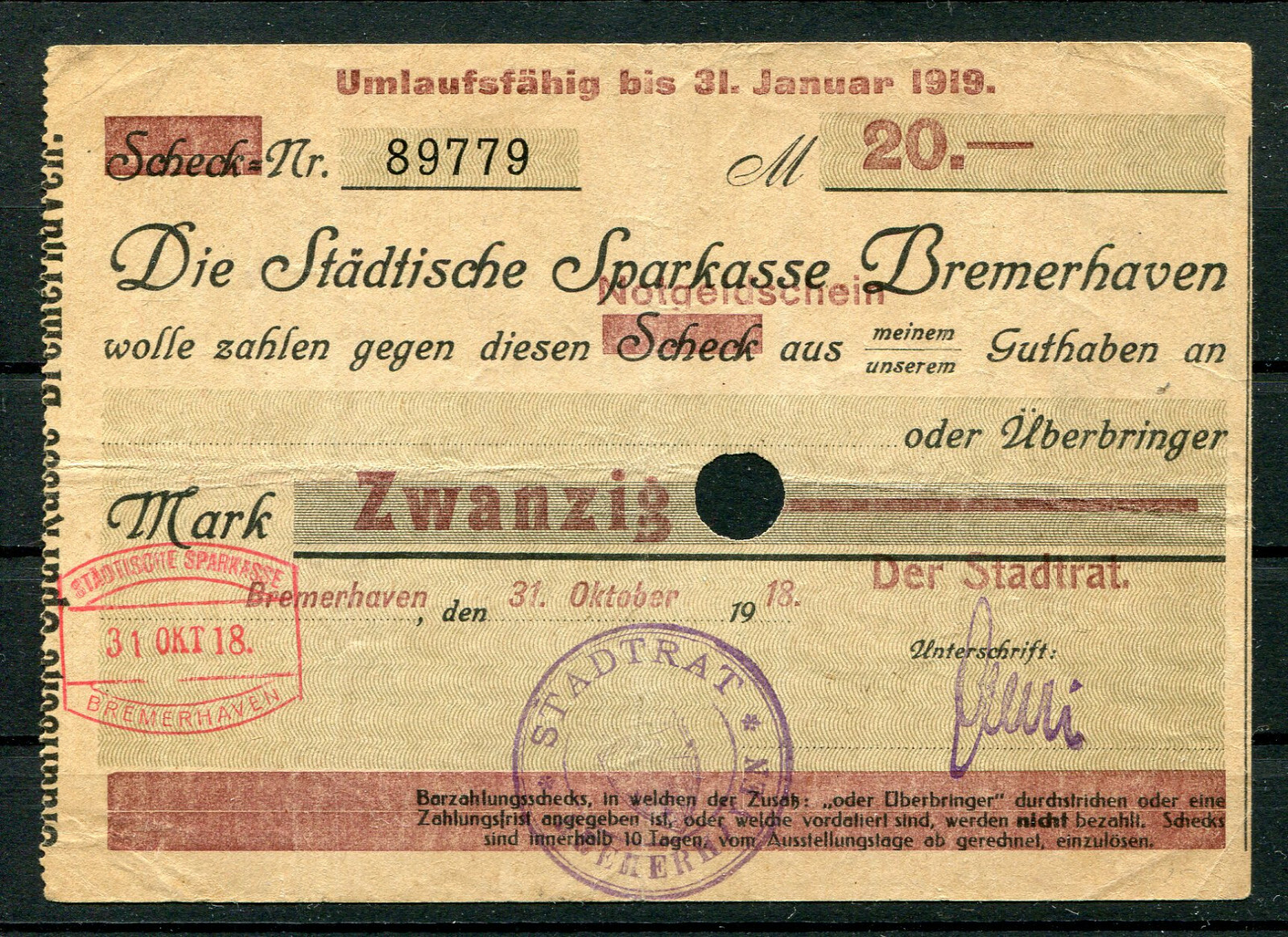 Bremerhaven City 20 Mark Notgeld Banknote 2/18561