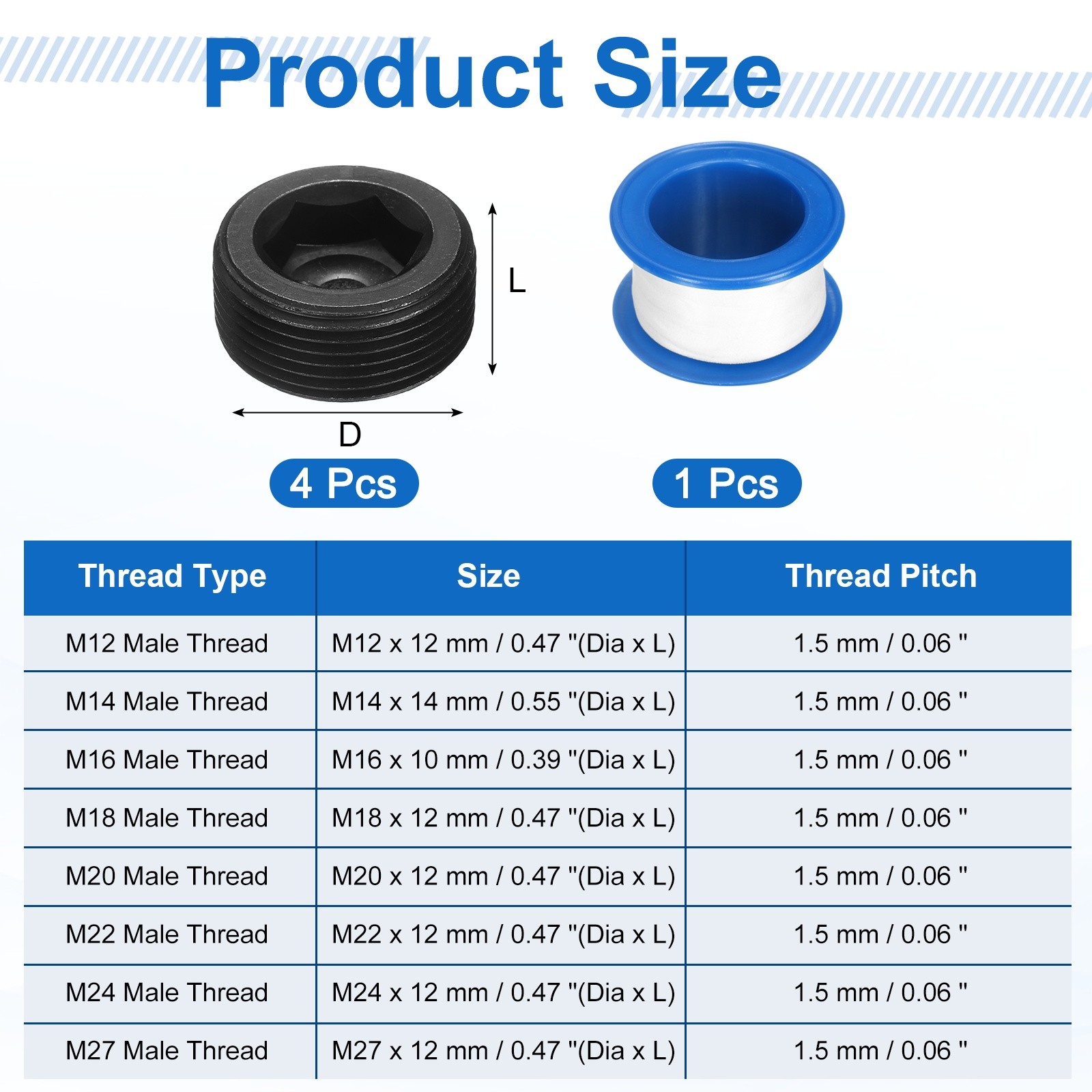 4Pcs M27x1.5x12 Carbon Steel Male Thread Internal Hex Pipe Plug Fitting Socket