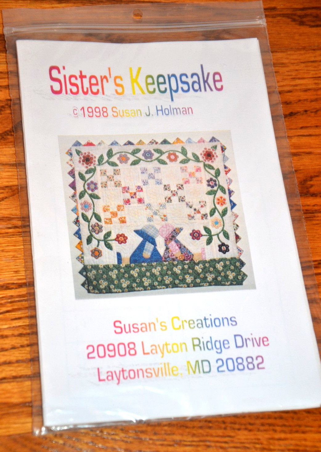 Sunbonnet Sister's Keepsake Susan J Holman Quilt Pattern (1998) 15" X 15"- uncut