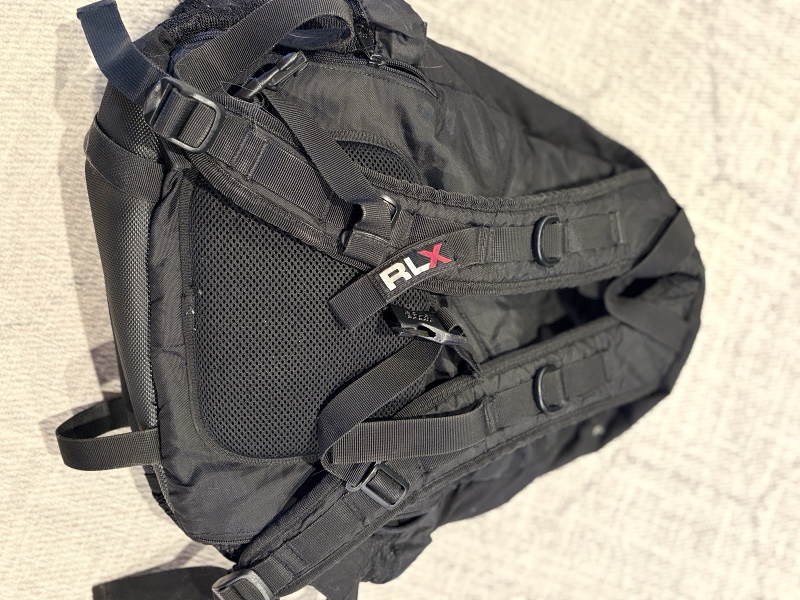 RLX Polo Sport Black Nylon Backpack Adjustable Straps Mesh Back Panel 3 Pockets