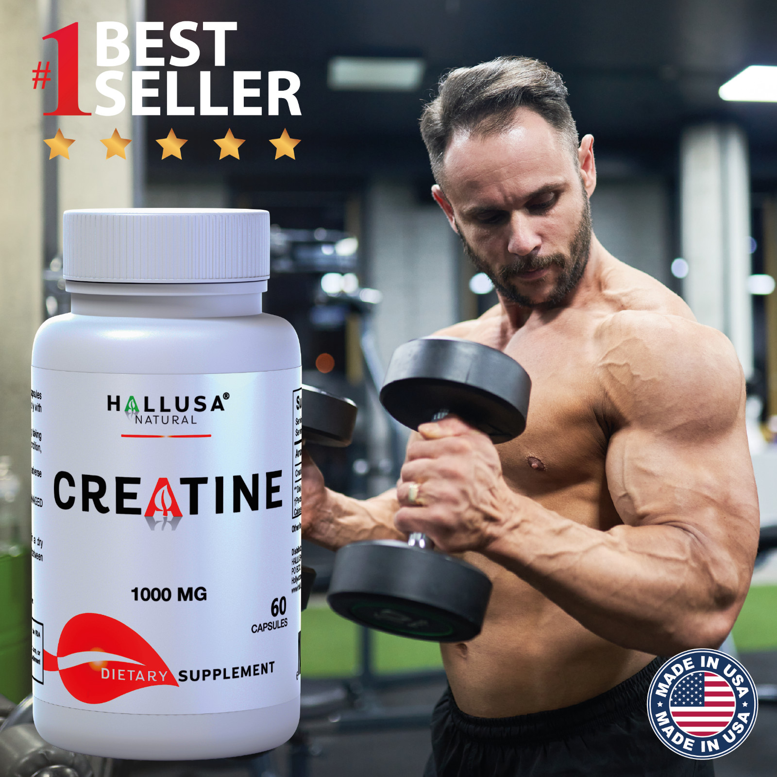 Creatine Monohydrate 1000 mg - Bodybuild, Muscle Growth & Recovery - 60 Capsules