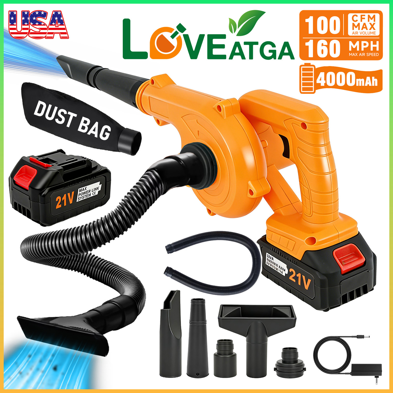 Cordless Leaf Blower & Vacuum 19000RPM & 160MPH Air Snow Blower w/ Battery 4.0Ah