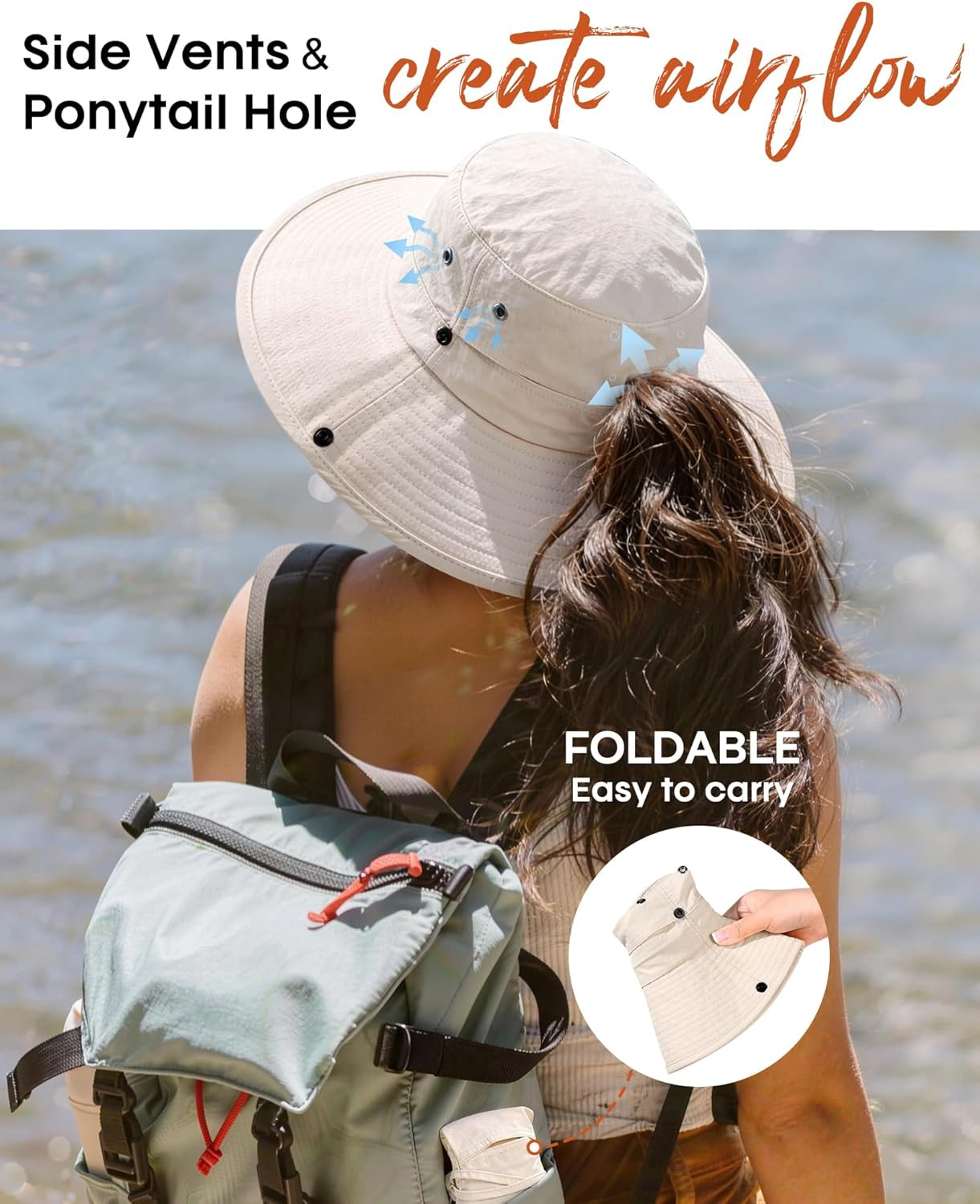 Women's Wide Brim Sun Hat with Ponytail Hole, UPF 50+ for Outdoor Activities