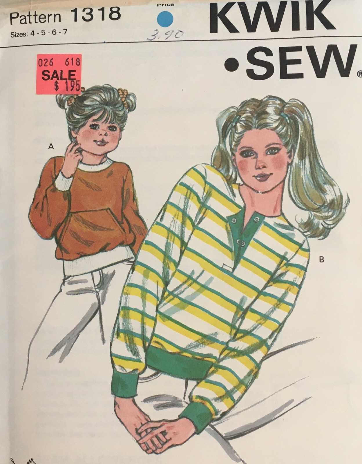 Kwik Sew Sewing Pattern 1318 Child sz 4-5-6-7, Pullover Shirts, patch pocket