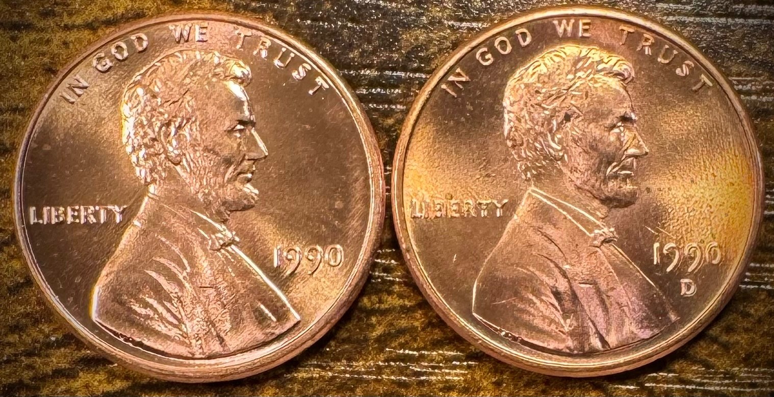 1990 P & D Lincoln Memorial Cent BU 2 Coin Set From Original Rolls