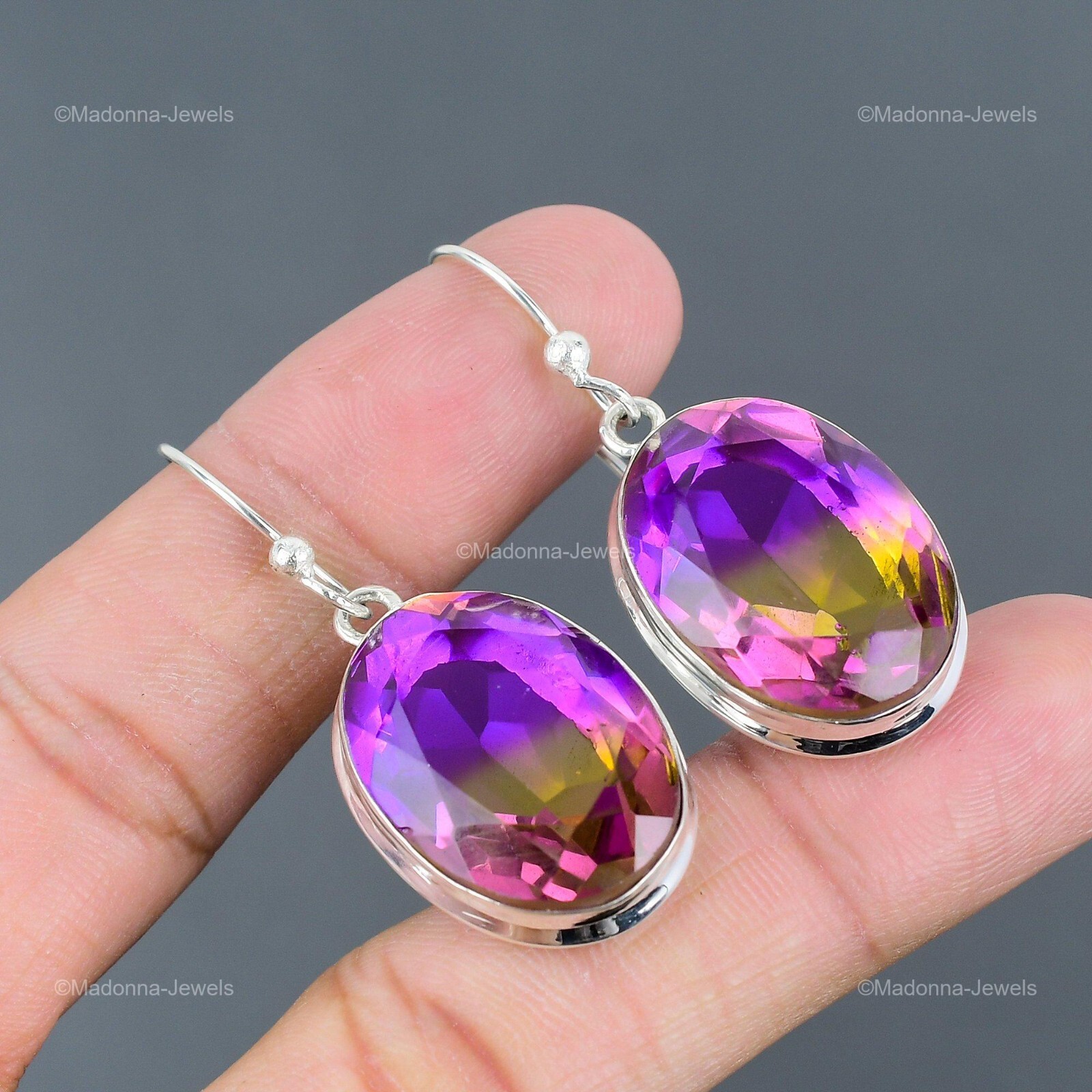 Oval Natural Ametrine Bezel Mother Drop Dangle Earrings Jewelry Sterling Silver