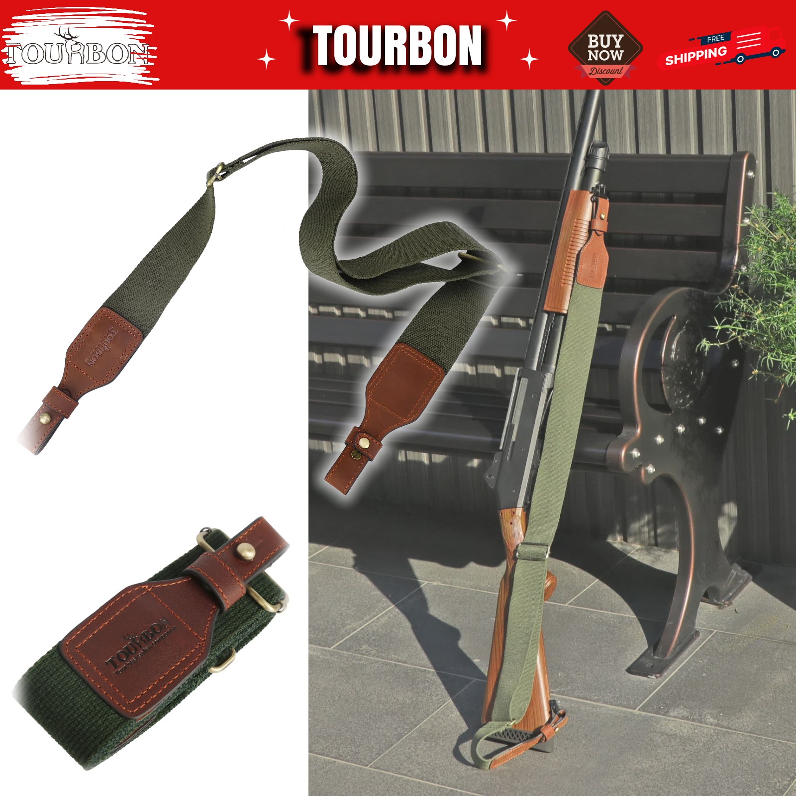 TOURBON Shooting Rifle Sling Shotgun Strap Non-slip Webbing Leather End in Green