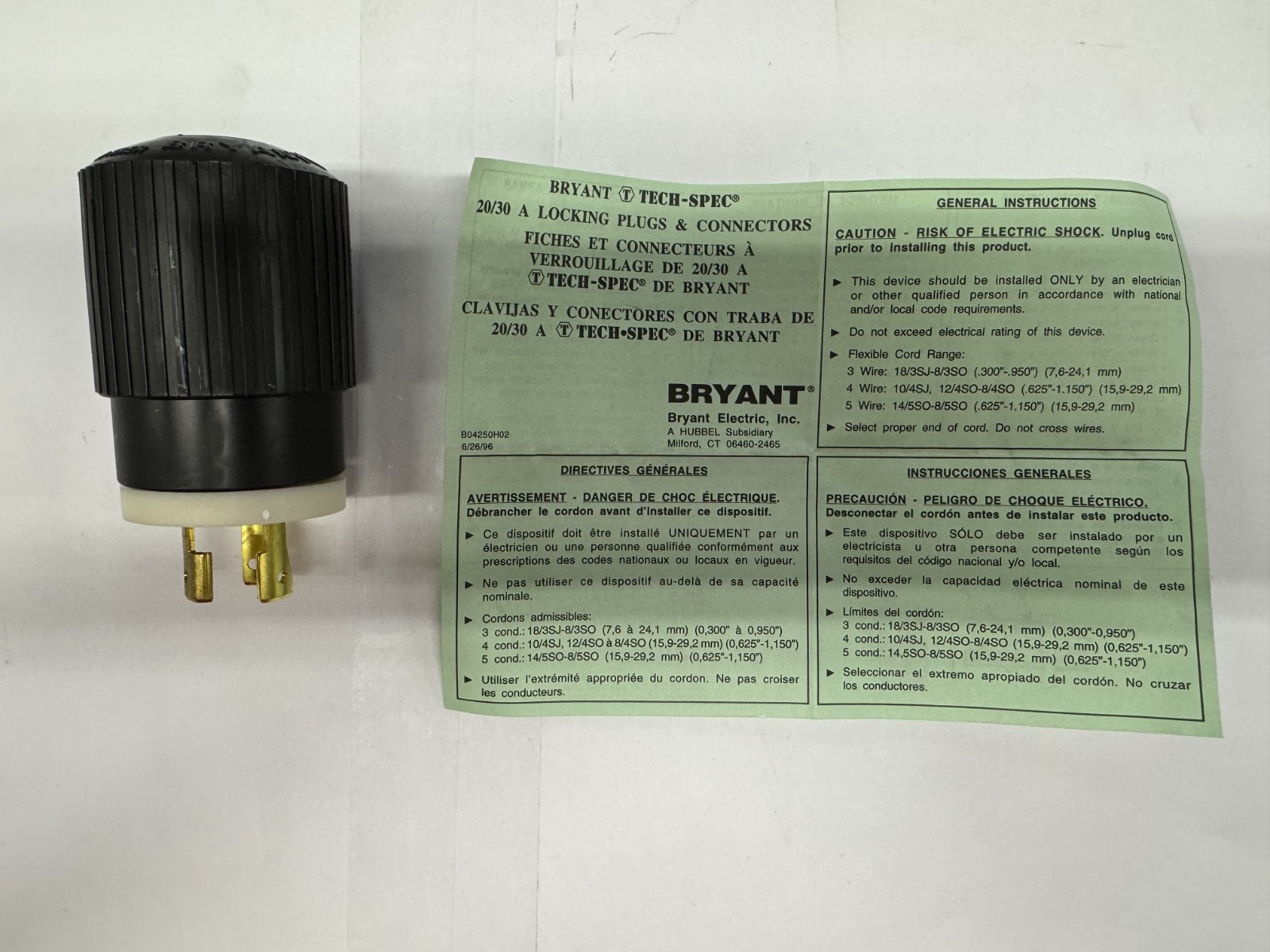 Bryant 71120NP Locking Plug, 3P 3W 20A 250V 3PH