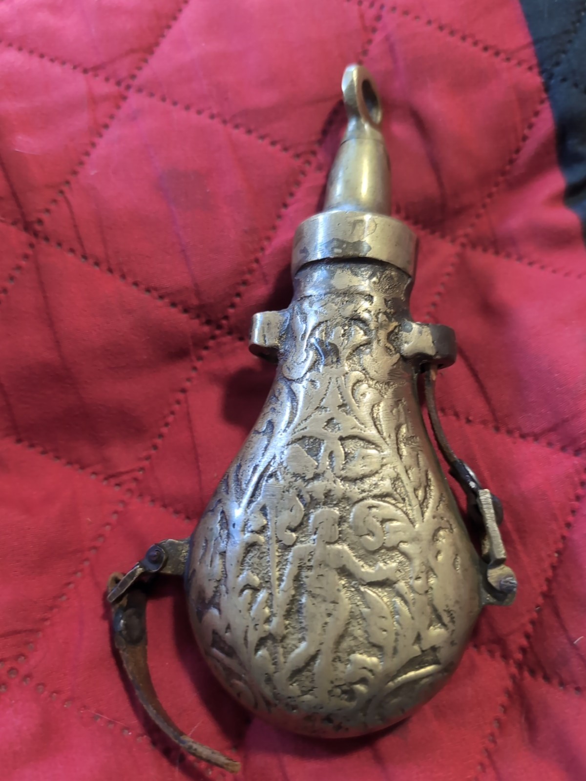 Antique Brass Black Powder Flask Embossed