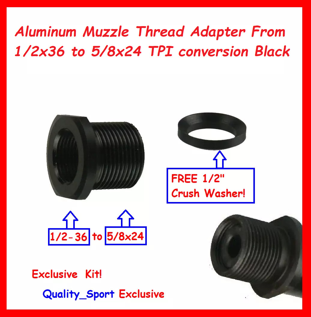 Aluminum Muzzle Thread Adapter From 1/2x36 to 5/8x24 TPI conversion Black