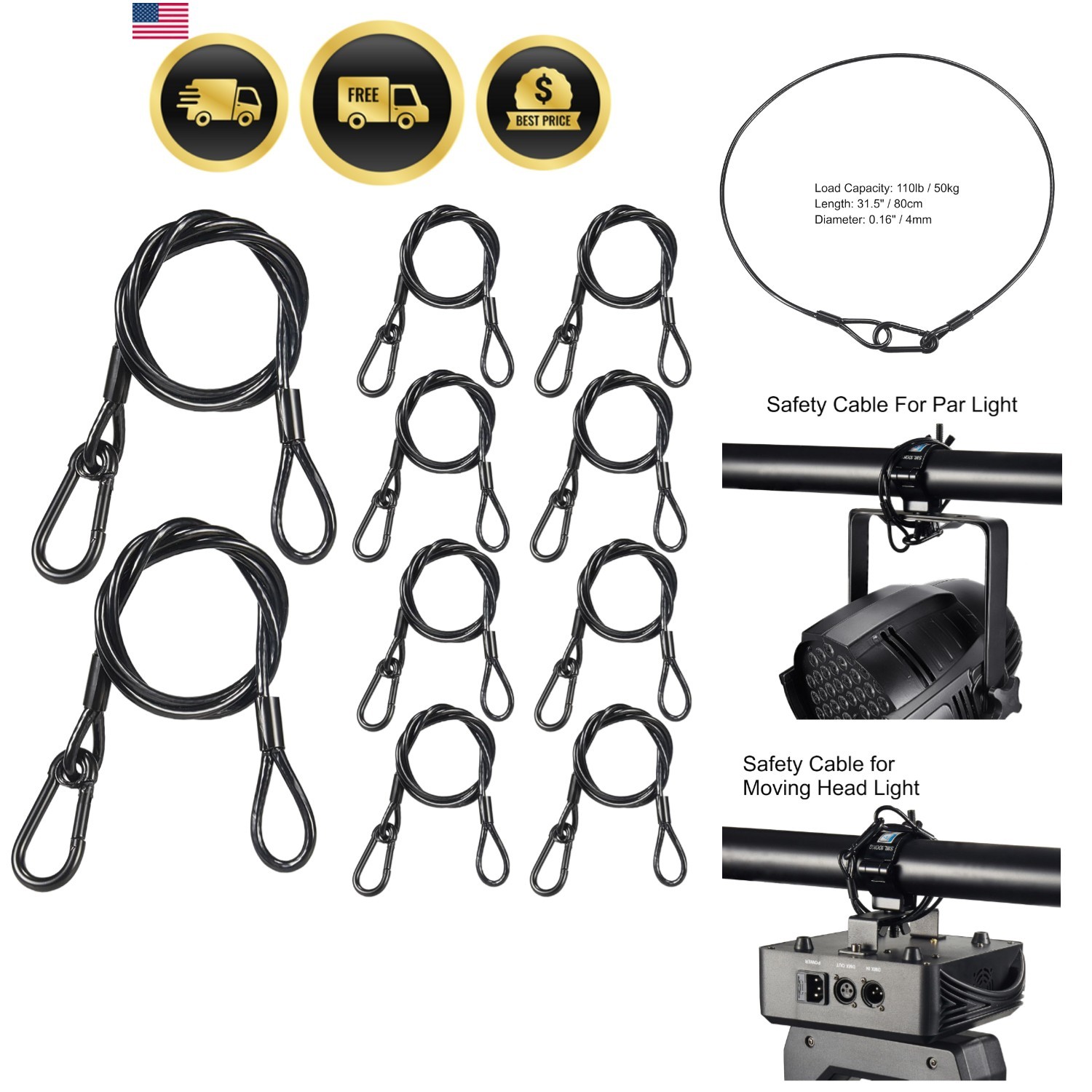 Lighting Safety Cable Black 10PCS Stainless Steel Stage Lights Security Rope