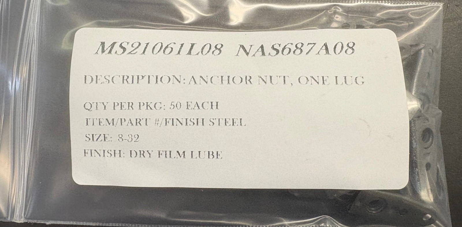 MS21061L08 NAS687A08 ANCHOR NUT FLOATING 1 LUG PACK 50/EA 8-32 THREAD