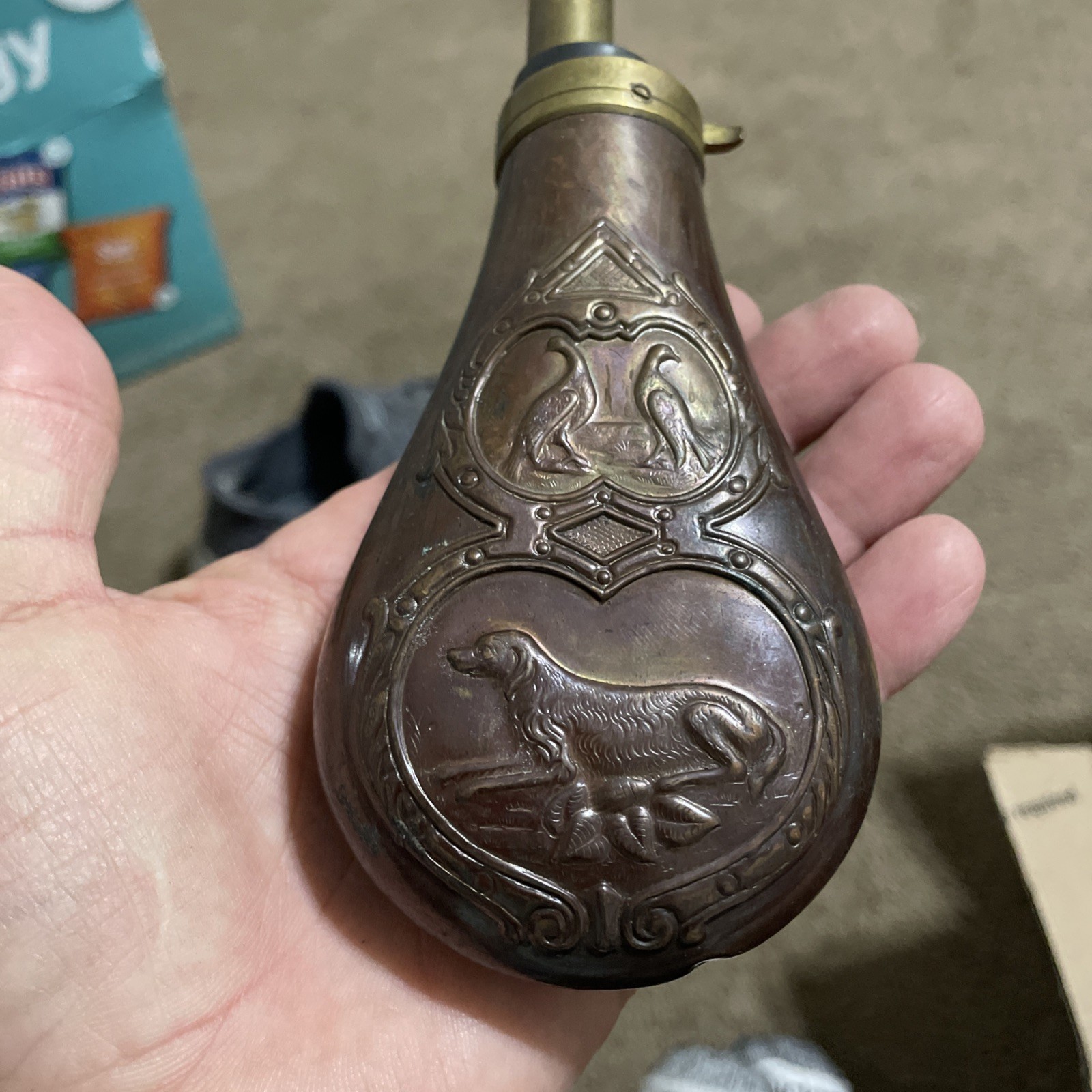 Antique 19th Century Embossed Copper Brass Gun Powder Flask Hunting Dog Birds