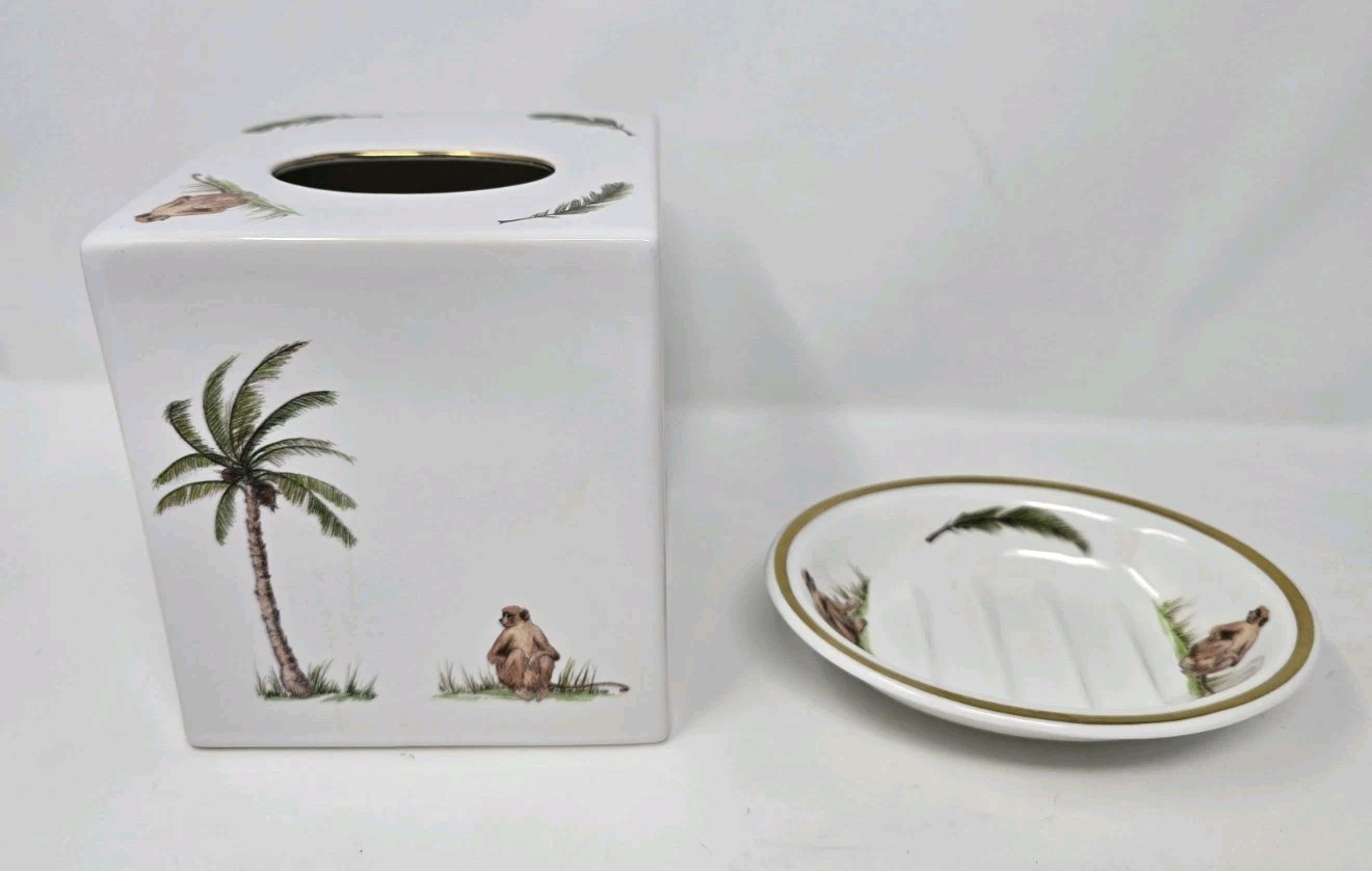 The Present Company Monkey & Palm Tree Tissue Box Cover And Soap Dish England