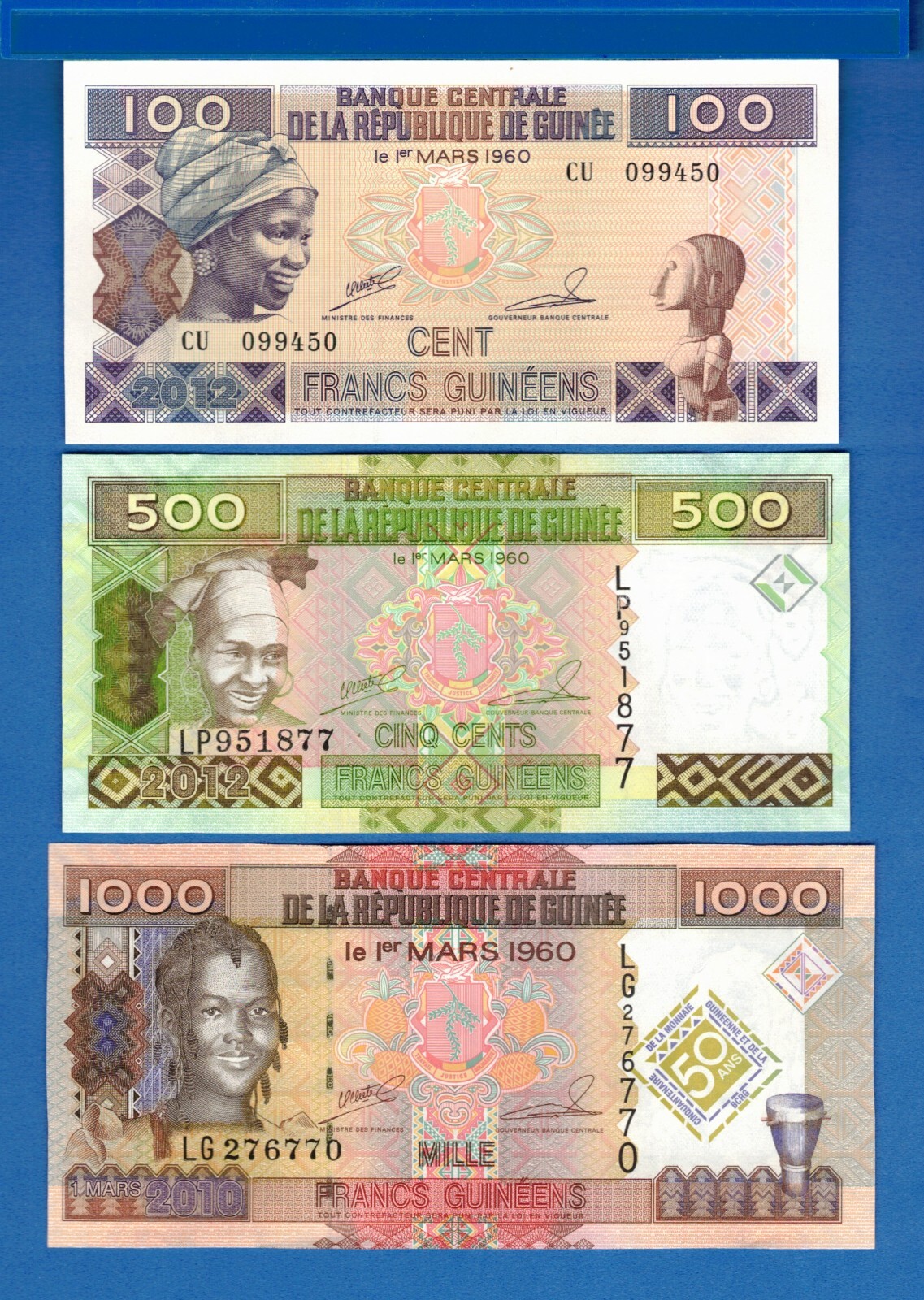 Guinea P-35 P-29 P-43 100, 500, 1,000 Francs Uncirculated Banknotes Set # 1