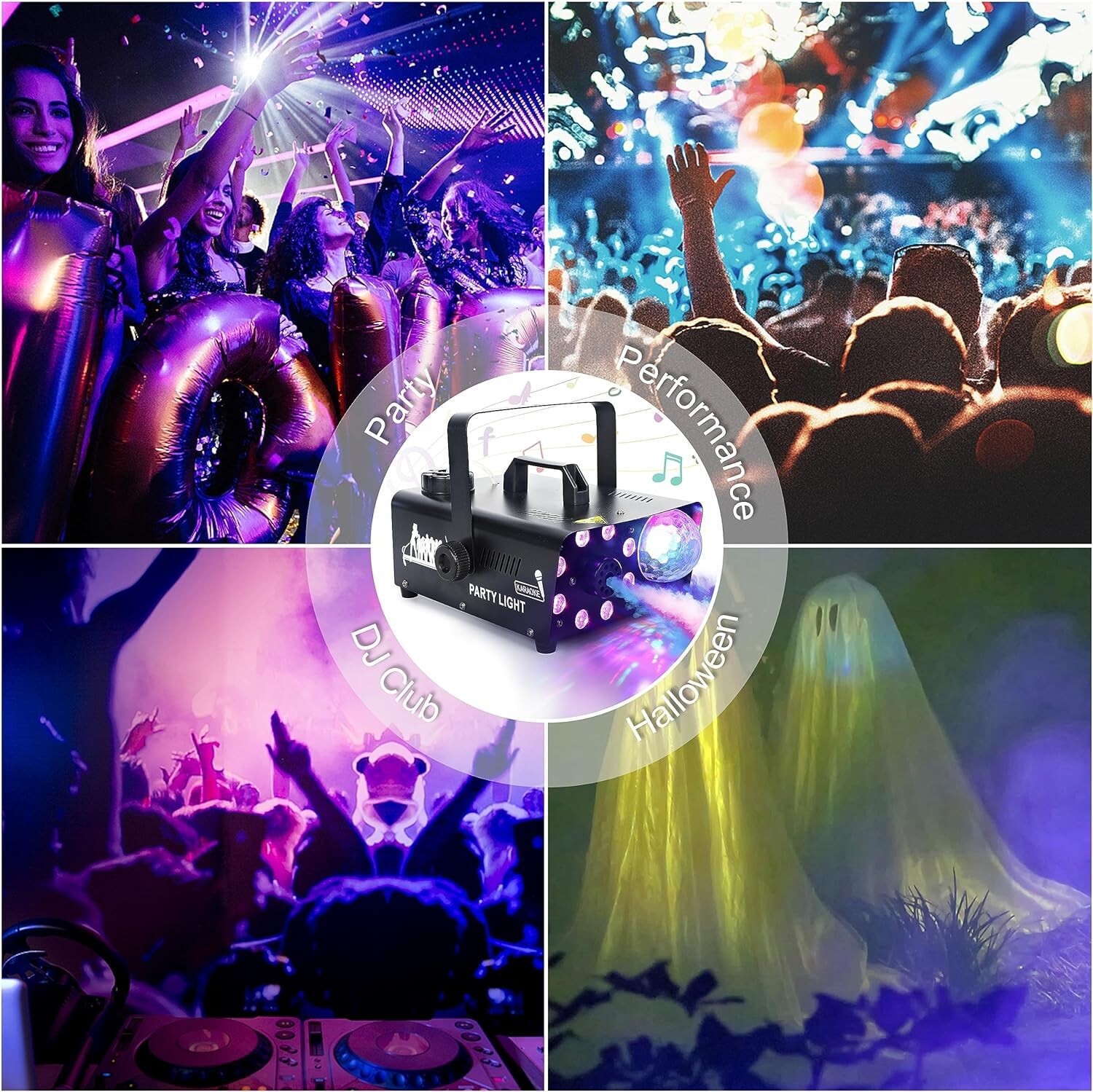 Fog Machine with 8 LED Lights and Disco Ball, Wireless Remote Control Bluetooth