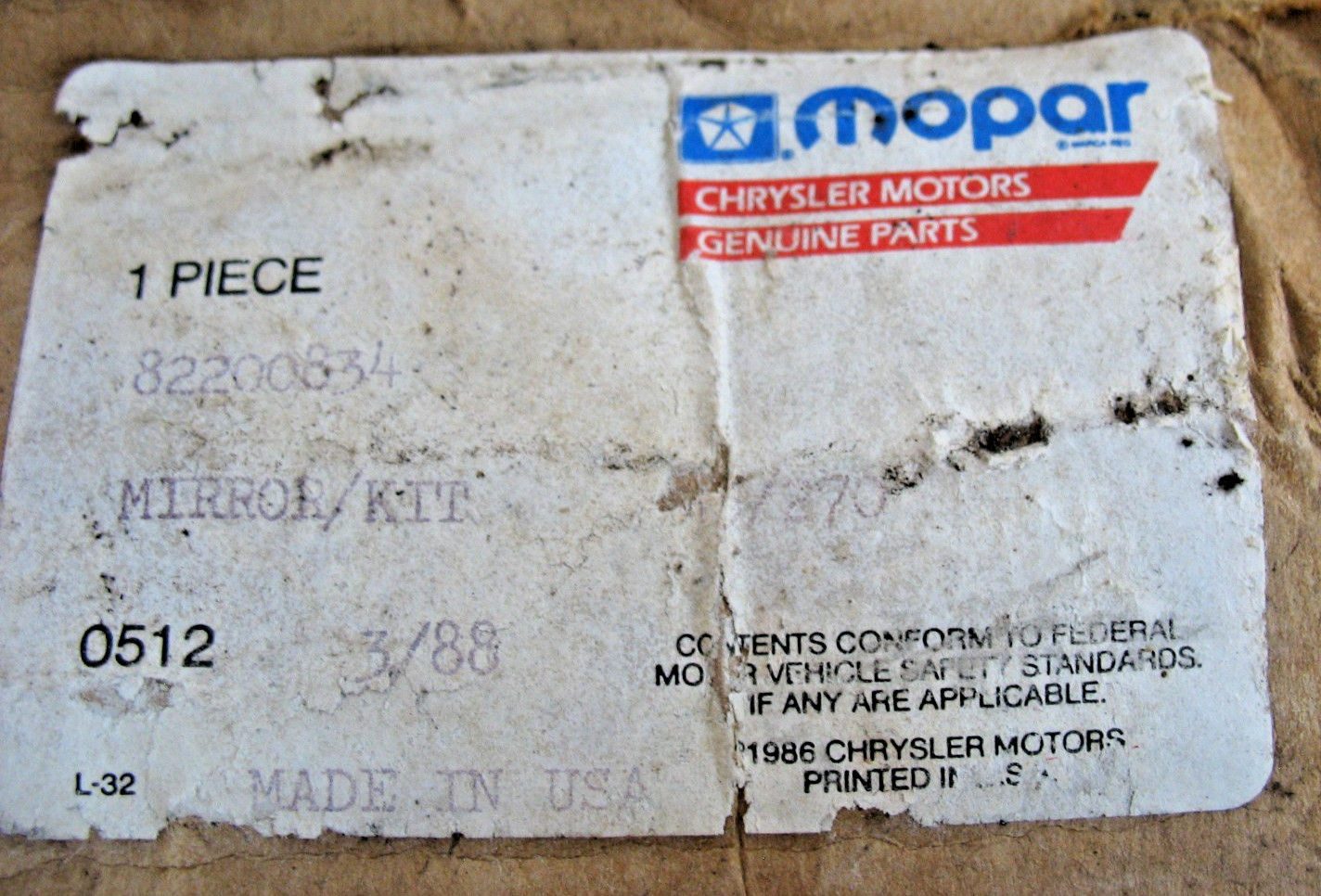 New NOS Mopar RH Jeep Mirror Kit 82200834 *Has Some Oxidation*