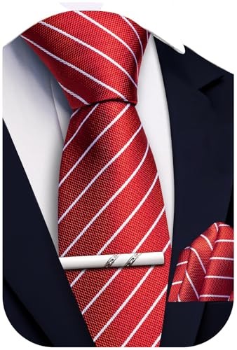 63 inches Extra Long Ties for Big and Tall Men Silk Striped Necktie Pocket Red