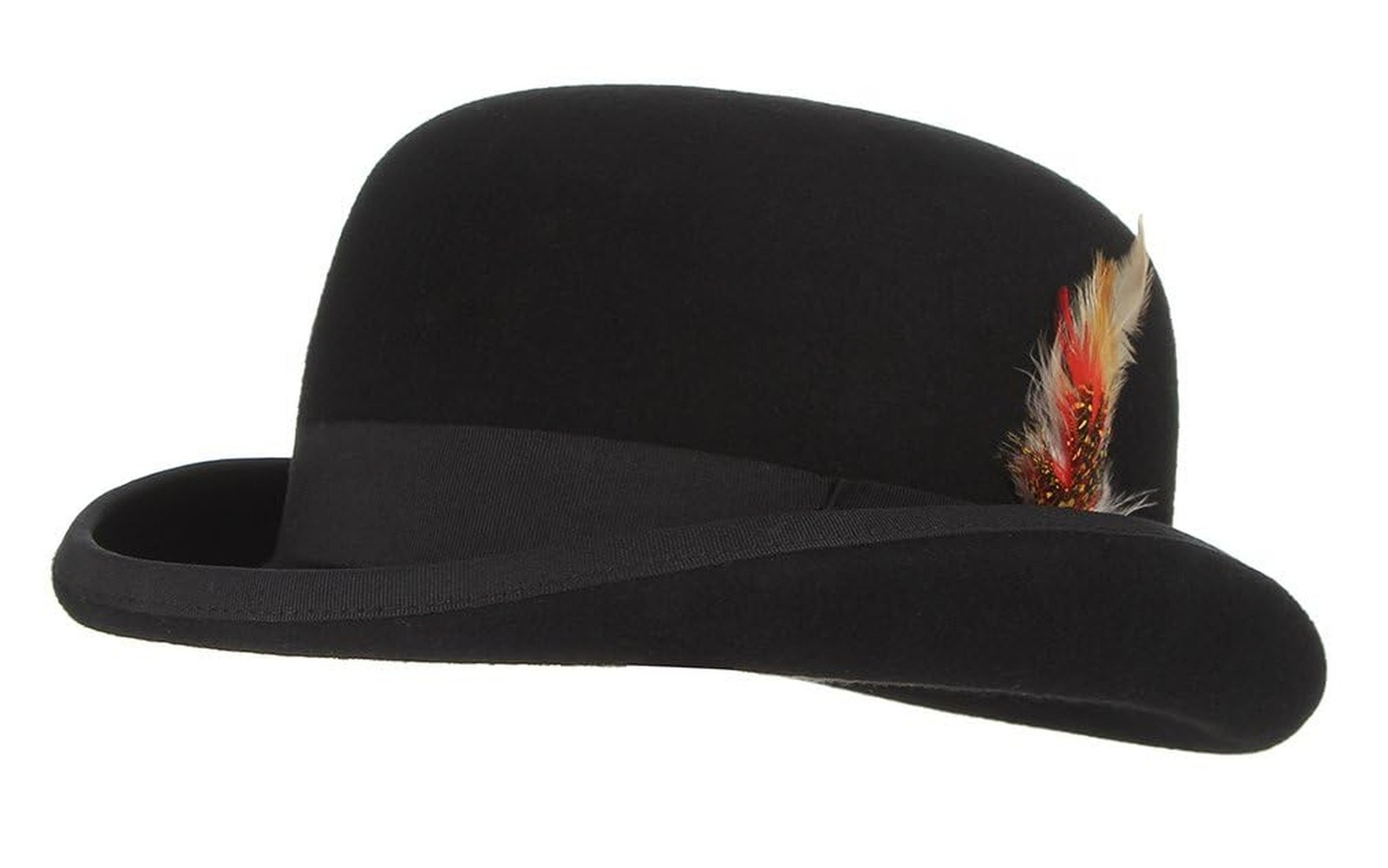 Mens 100% Wool Black Derby Hat with Removable Feather Satin Lined Roll Brim B...