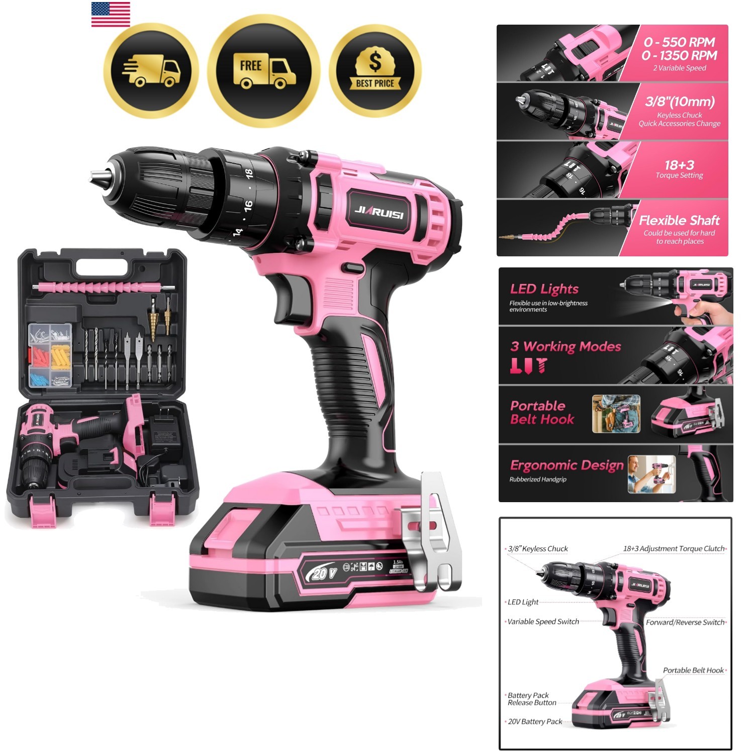 20V Cordless Drill, Electric Power Drill Set with Battery Charger and Carryin...