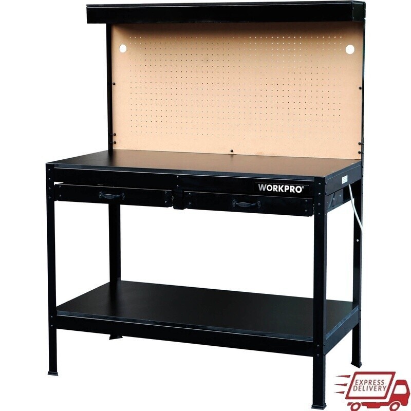 Heavy Duty Multi Purpose 48" Workbench W/ Drawers Pegboard Led Black Durable New