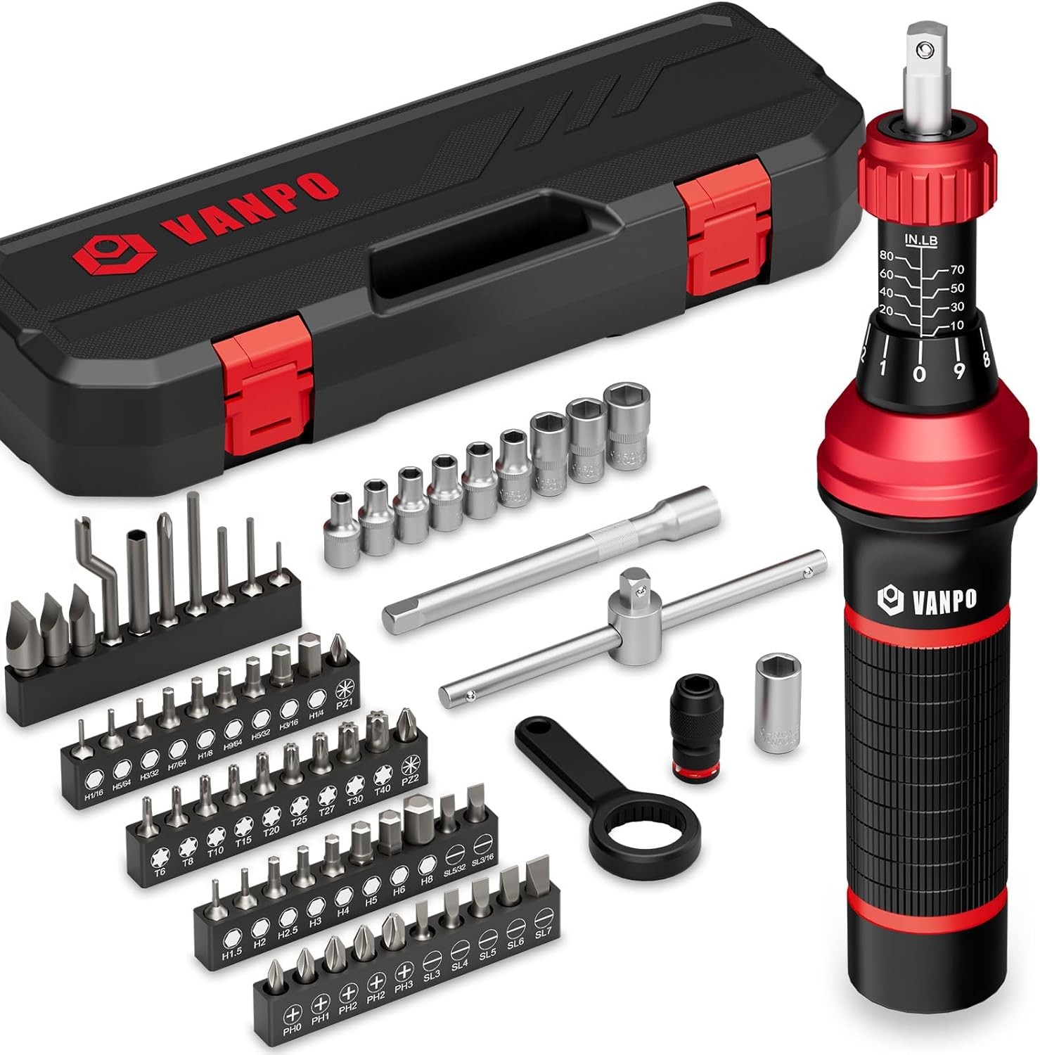 64 Piece 1/4" Torque Screwdriver Set, 10–80 in-lb Torque Wrench Screwdriver Kit