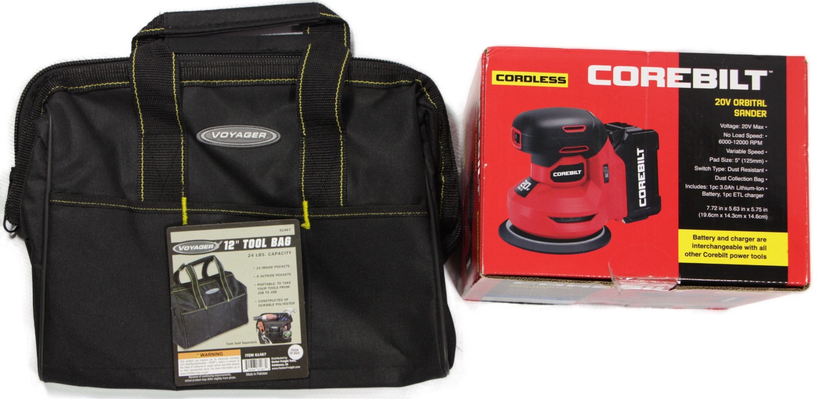 COREBILT 20V 5" Orbital Sander Kit- NEW- +Bag, 3AH Lithium-Ion Battery & Charger
