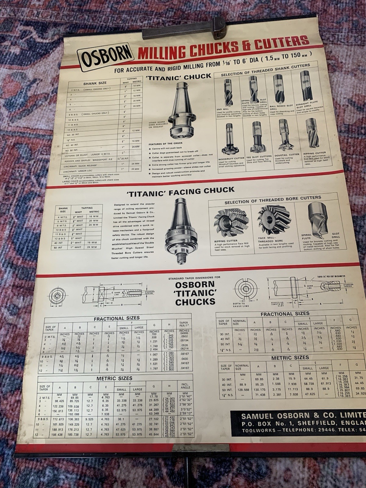 Vintage OSBORN “Milling Chucks & Cutters” Engineering Wall ChartPoster Sheffield