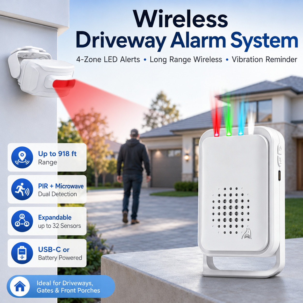 Wireless Outdoor Driveway Alarms Doorbell PIR Motion Sensor Detector Waterproof
