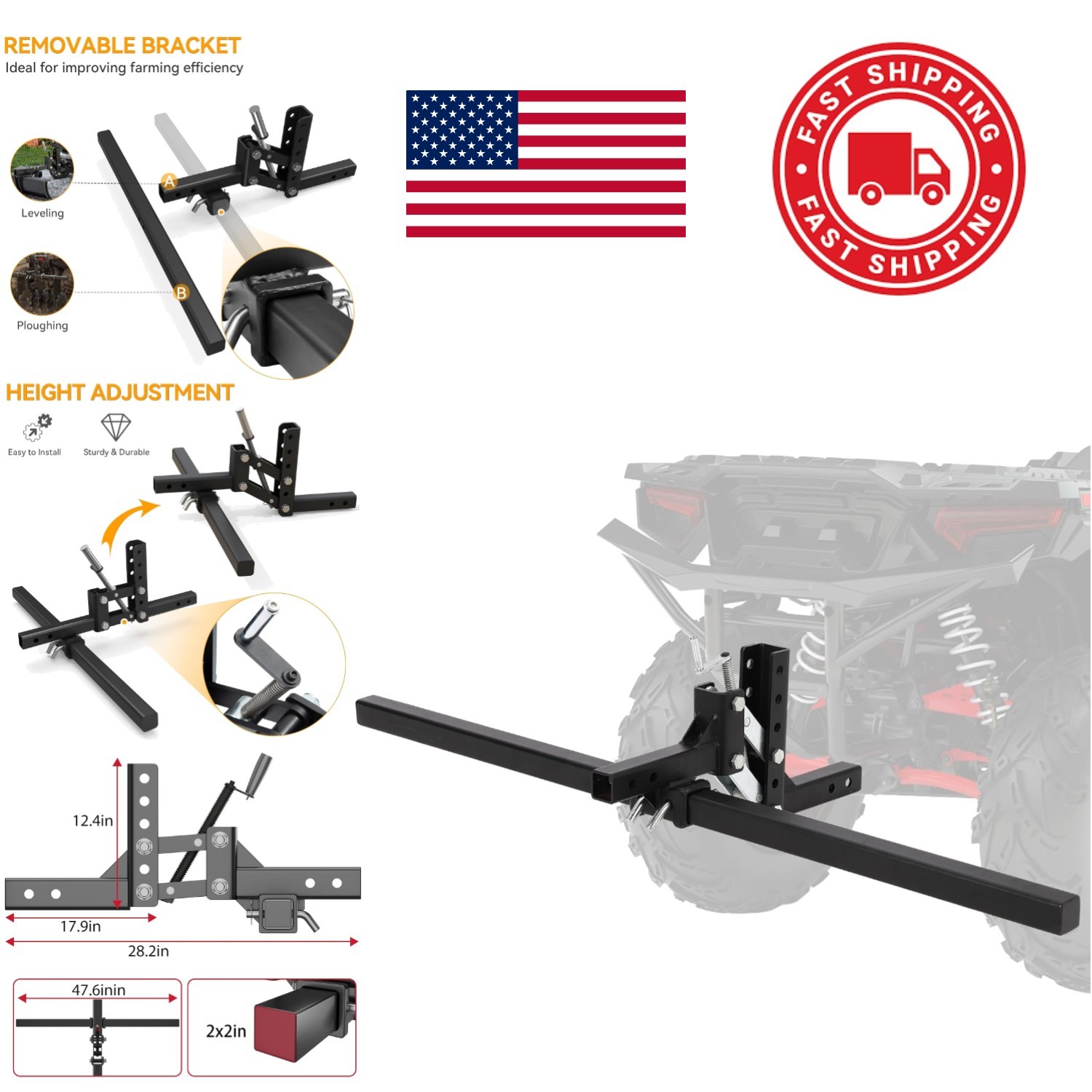 One Point Manual Lift for ATV UTV 50 Inch Adjustable Height Black Powder Coated
