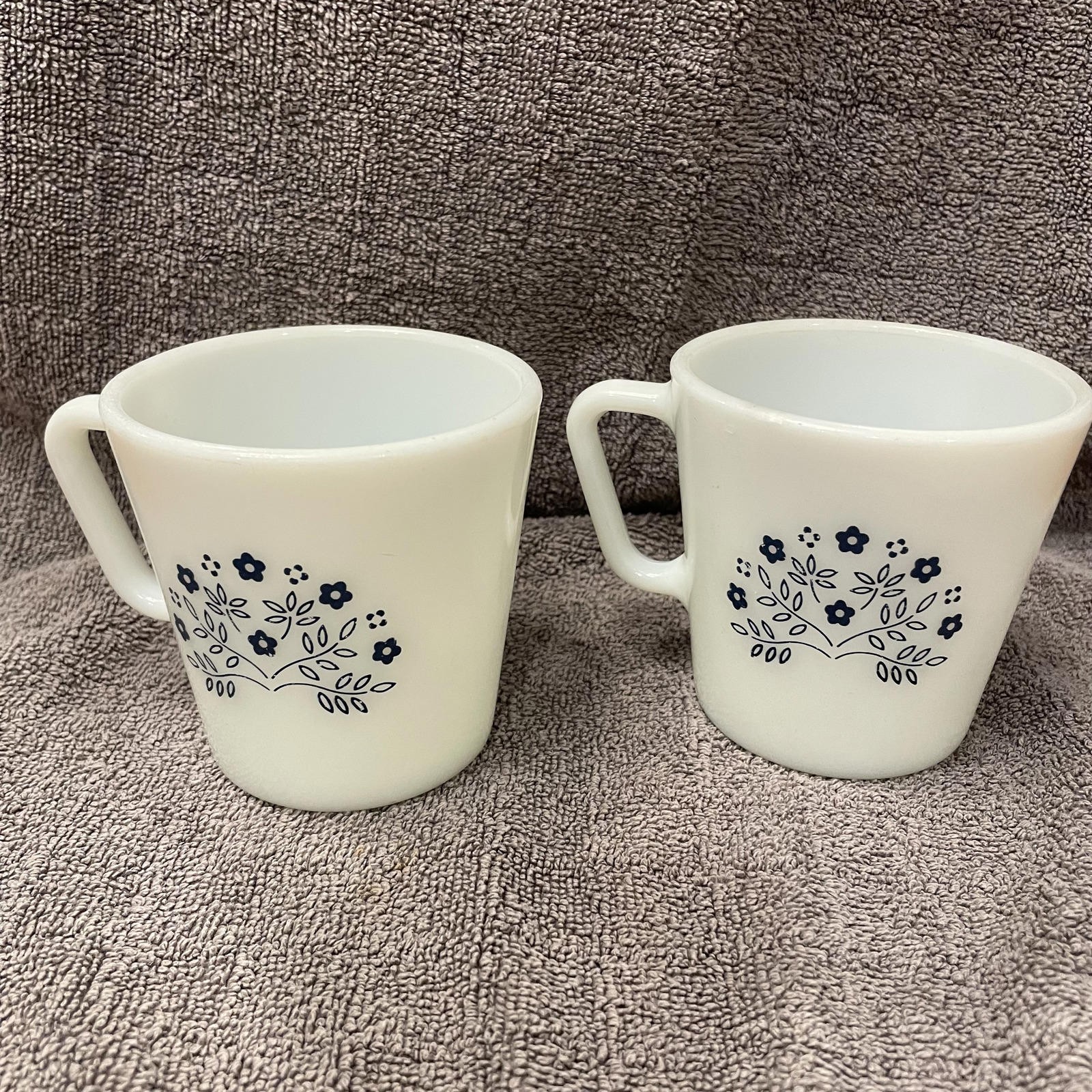 Vintage Pyrex Milk Glass Mugs with Summer Impressions Design - Set of 2
